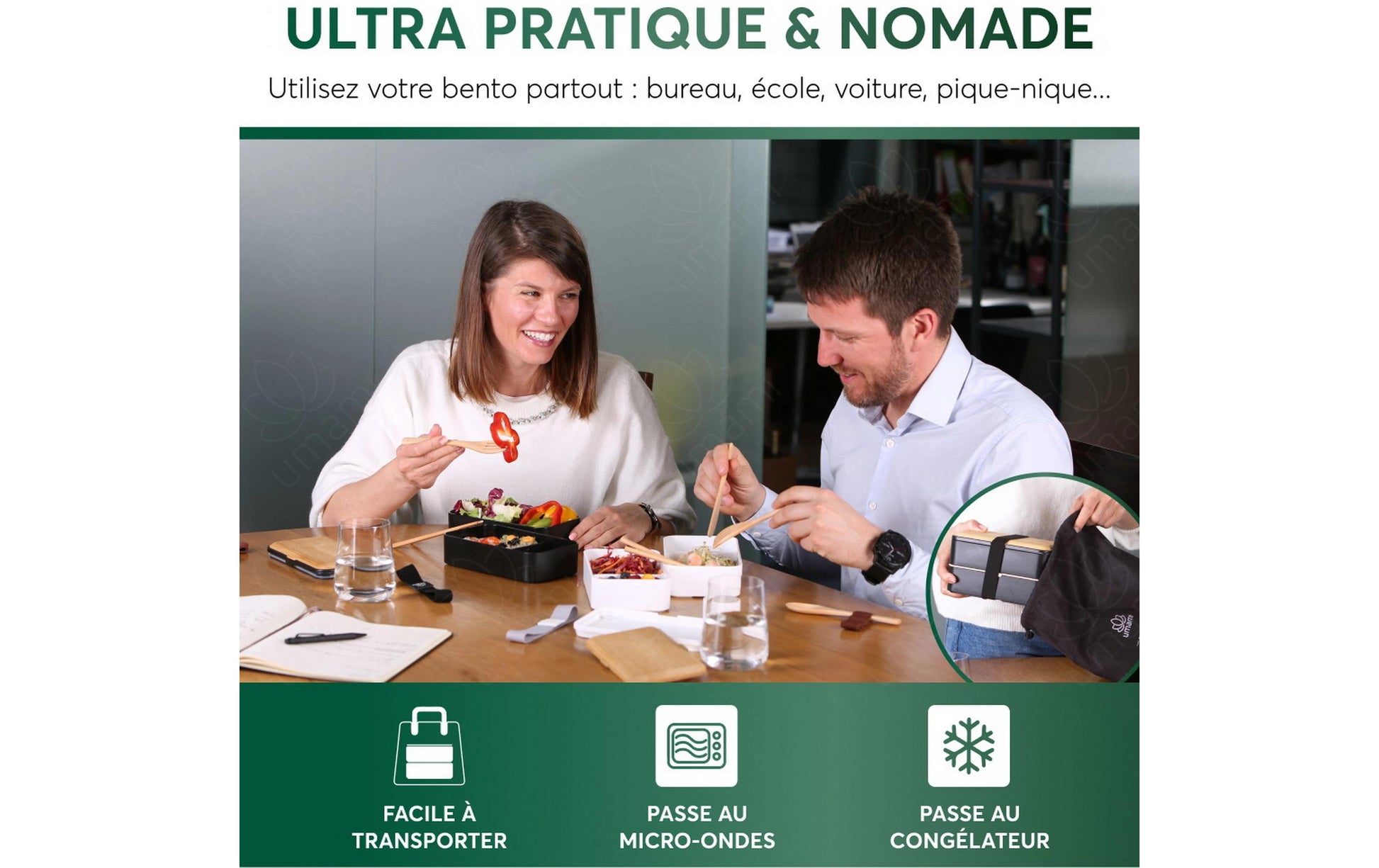 Umami Original – Lunchbox 1,5 l, 11 × 18,2 × 7 cm, Polypropylen (PP)/Bambus, schwarz, 4-teilig, leckdicht
