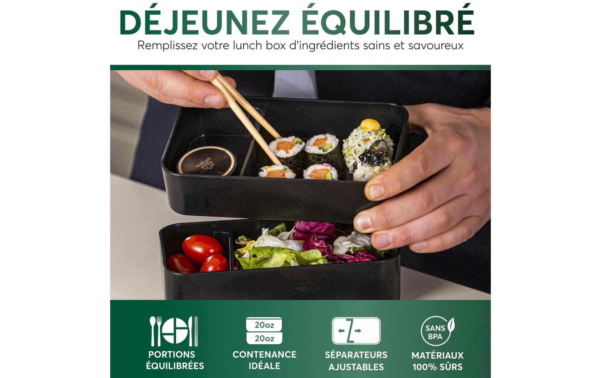 Umami Original – Lunchbox 1,5 l, 11 × 18,2 × 7 cm, Polypropylen (PP)/Bambus, schwarz, 4-teilig, leckdicht