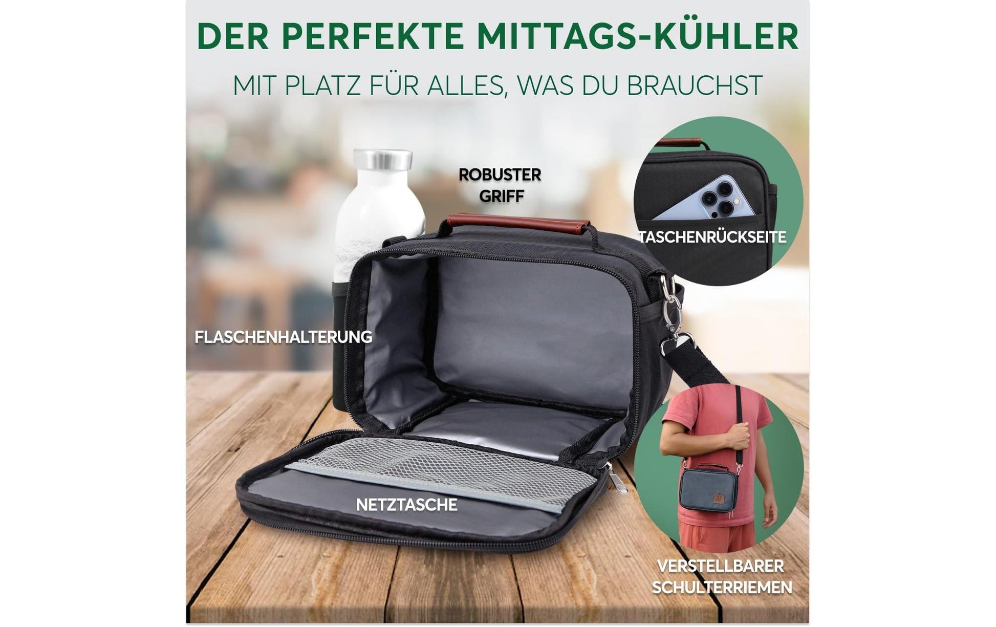 Umami Lunchbox Thermocase – Reissverschluss, spülmaschinenfest – 14 × 16 × 21 cm – Schwarz – Nylon – 1 Stk.