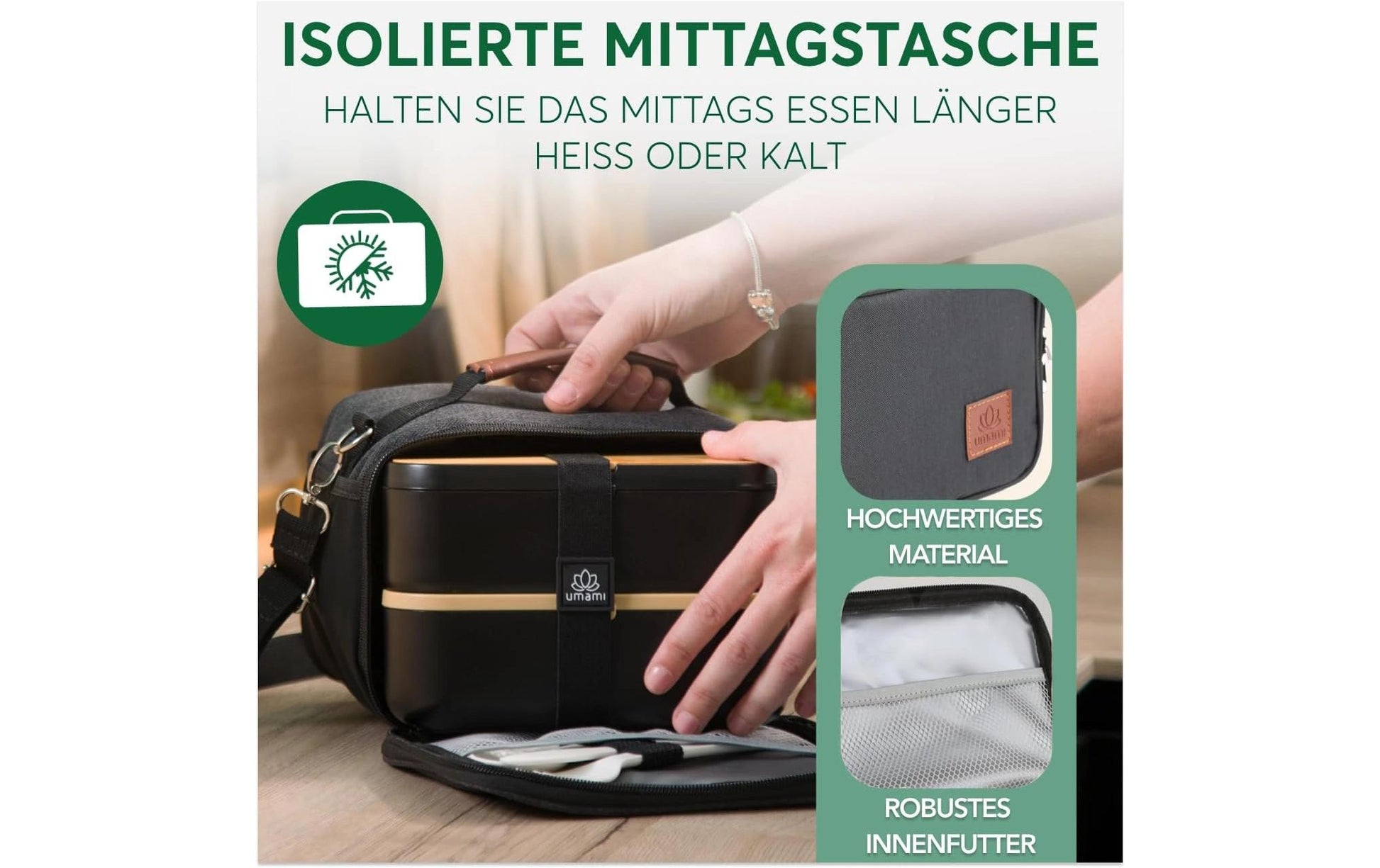 Umami Lunchbox Thermocase – Reissverschluss, spülmaschinenfest – 14 × 16 × 21 cm – Schwarz – Nylon – 1 Stk.