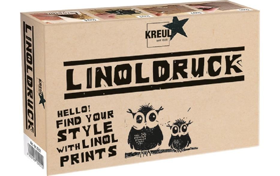 KREUL Linoldruck-Set – Linoldruckfarbe schwarz 20 ml, Linolplatte A6, Gummiwalze, 3 Schneidefedern