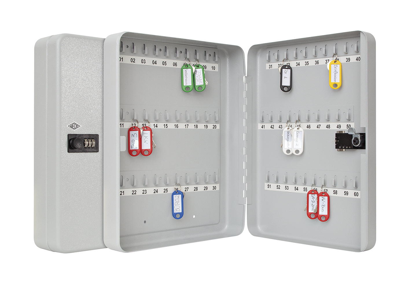 WEDO 102 46037 – Schlüsselschrank für 60 Schlüssel, Zahlenschloss, Stahl, Silber, 94 × 288 × 370 mm