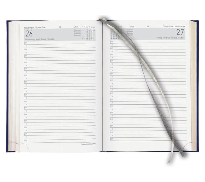 Biella Executive Agenda – 1 Tag pro Seite, gebunden, 14,5 × 20,5 cm, 2026, 1/2-Stunden-Takt, dunkelblau, FSC