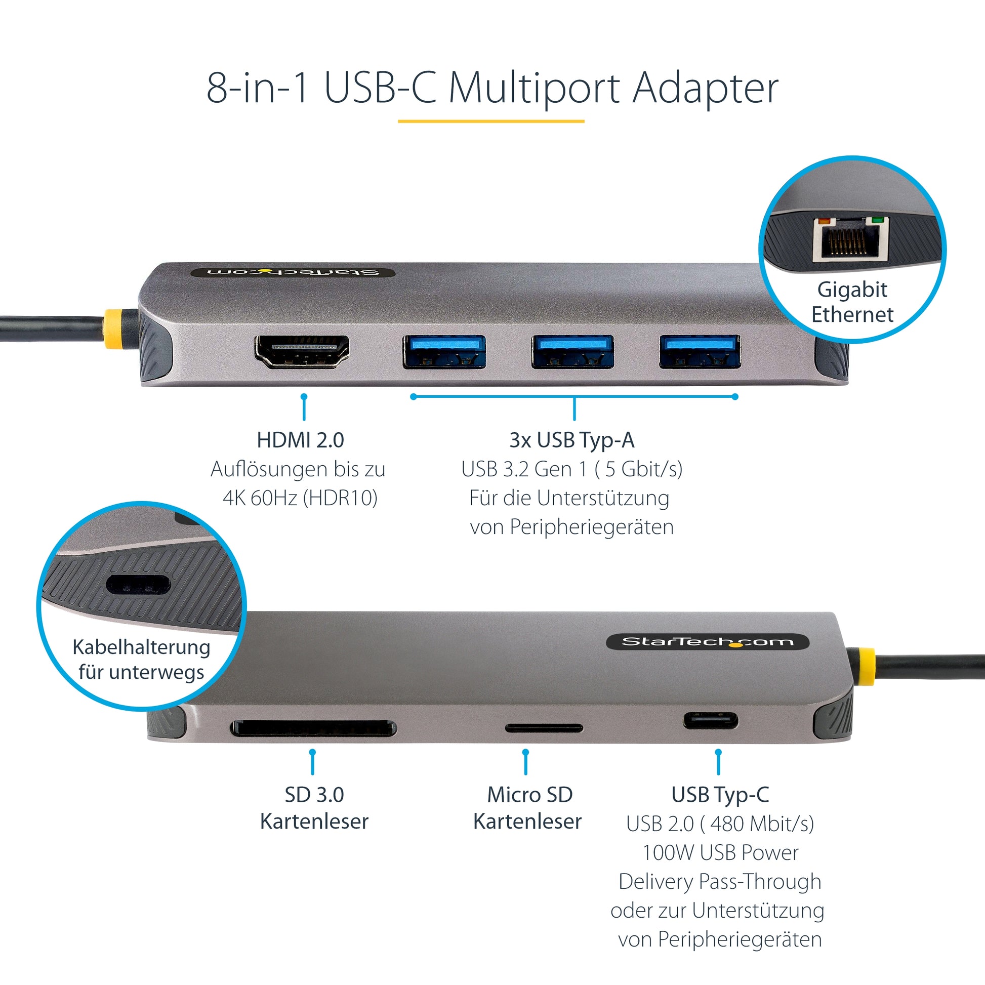StarTech.com Multiport-Adapter – USB-C, HDMI, 3× USB-A, 100 W PD, GbE, SD/microSD, für Windows/Mac/iPadOS