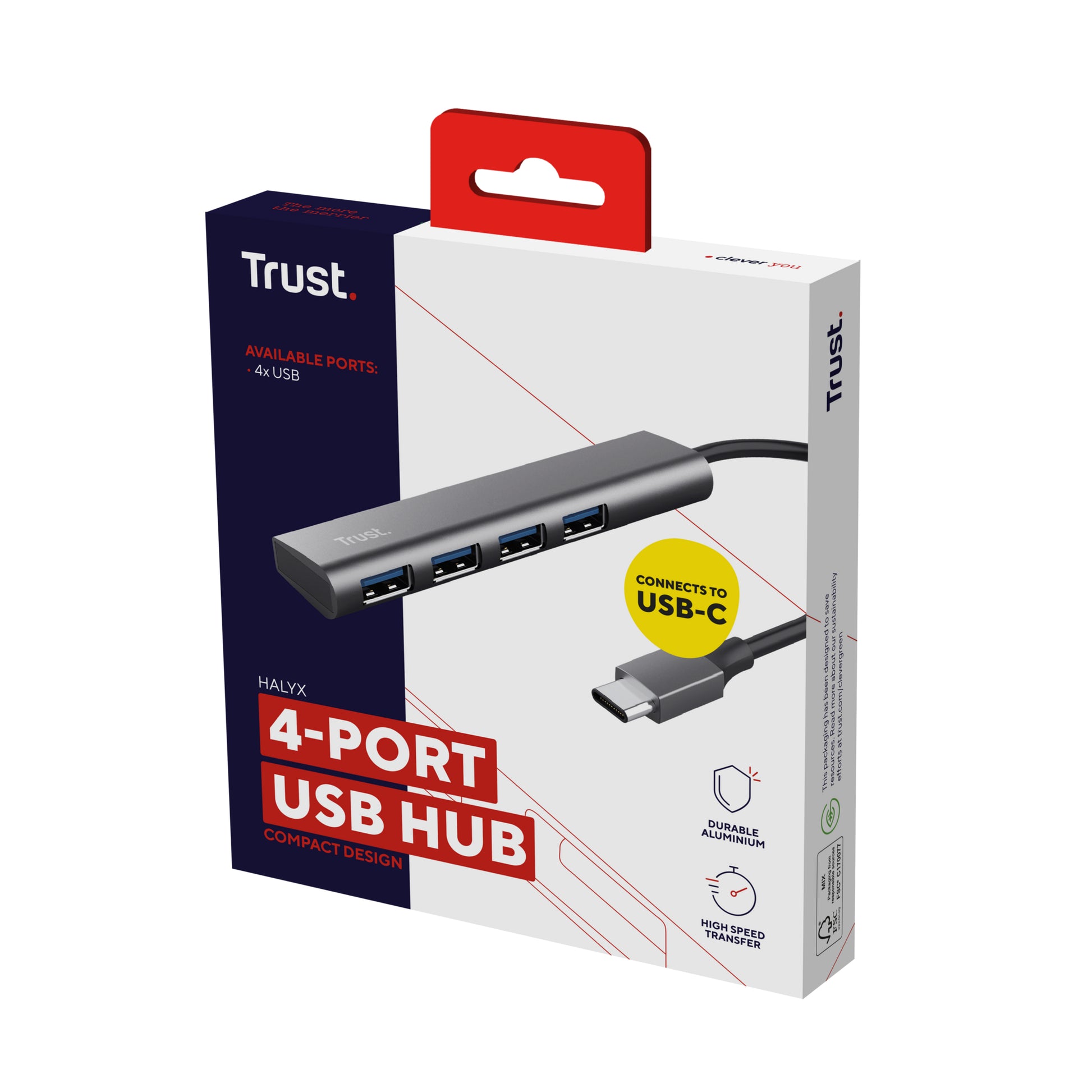 Trust Halyx USB-Hub – USB-C, 4× USB-A (USB 3.2 Gen 1, 5 Gbps) – USB-C – 210 × 21 × 11 mm