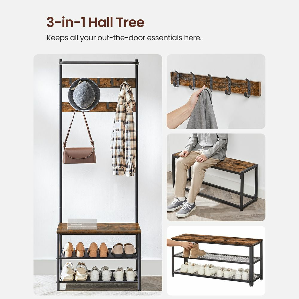 Vasagle Garderobe mit Schuhregal – 9 Haken, Stahl/Spanplatte, Schwarz/Braun, 64 × 32,2 × 180 cm