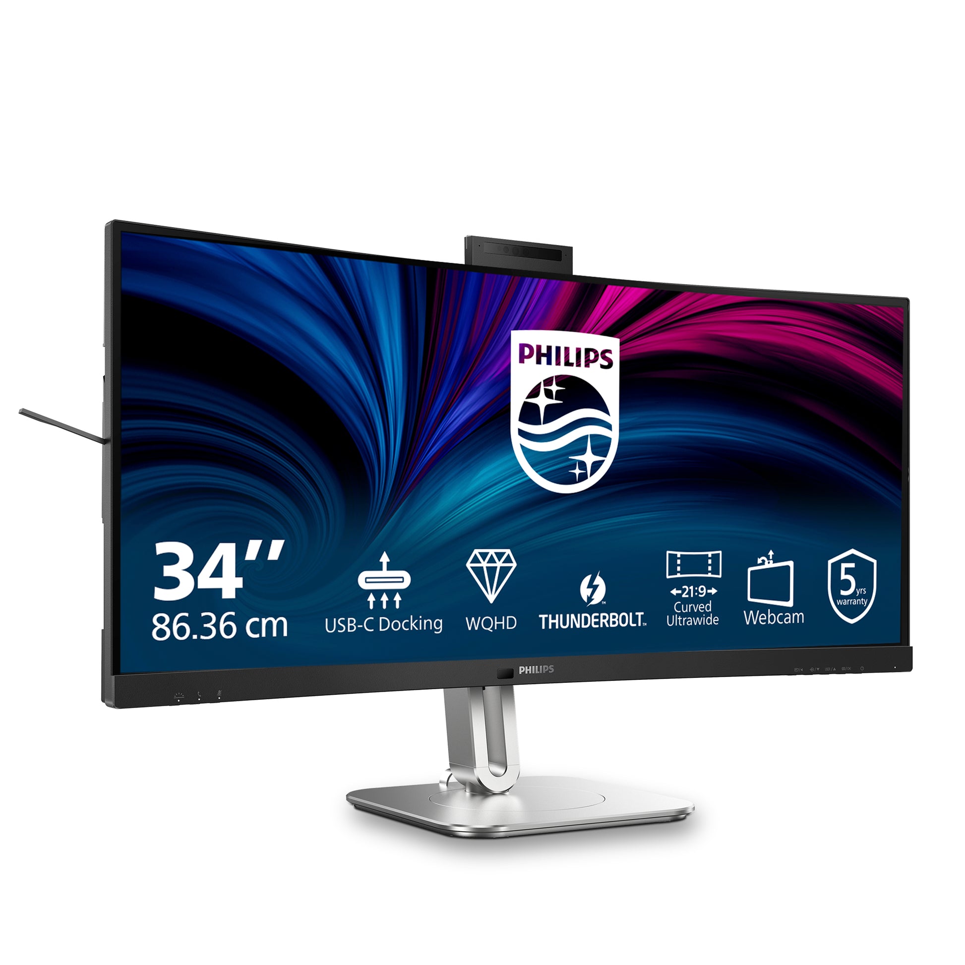 Philips 34B2U6603CH/00 – Monitor, 34", VA, 120 Hz, 300 cd/m², Webcam, 3× USB-C, KVM, VESA 100 × 100, Schwarz