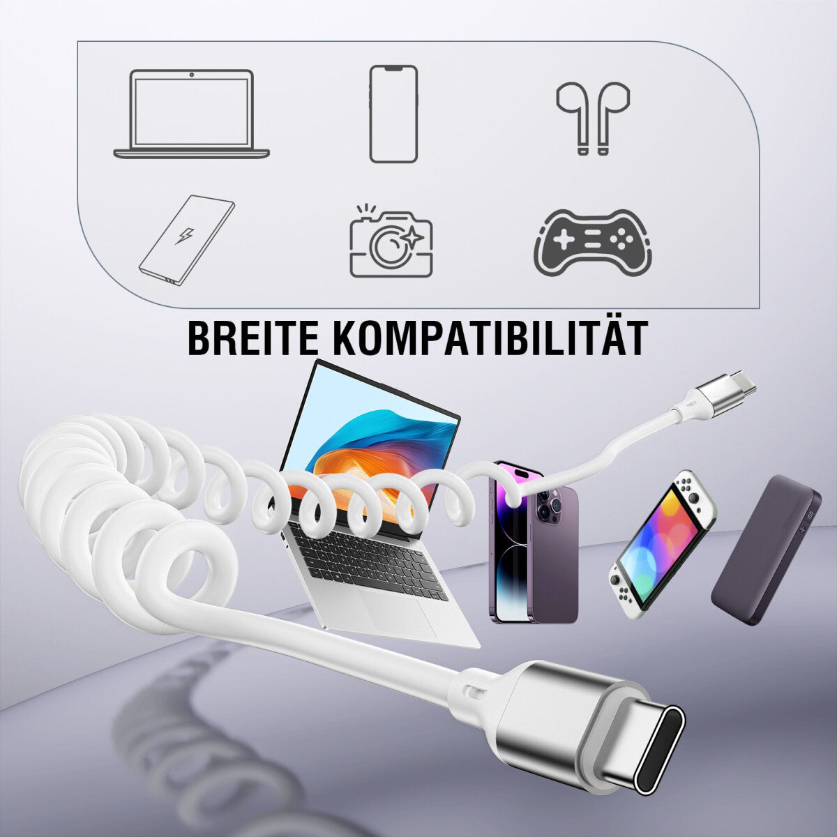 4smarts USB-C auf USB-C Kabel – USB 2.0 (480 Mbit/s) – 1,35 m – PD 100 W – Spiralkabel, TPU-Mantel – Weiss