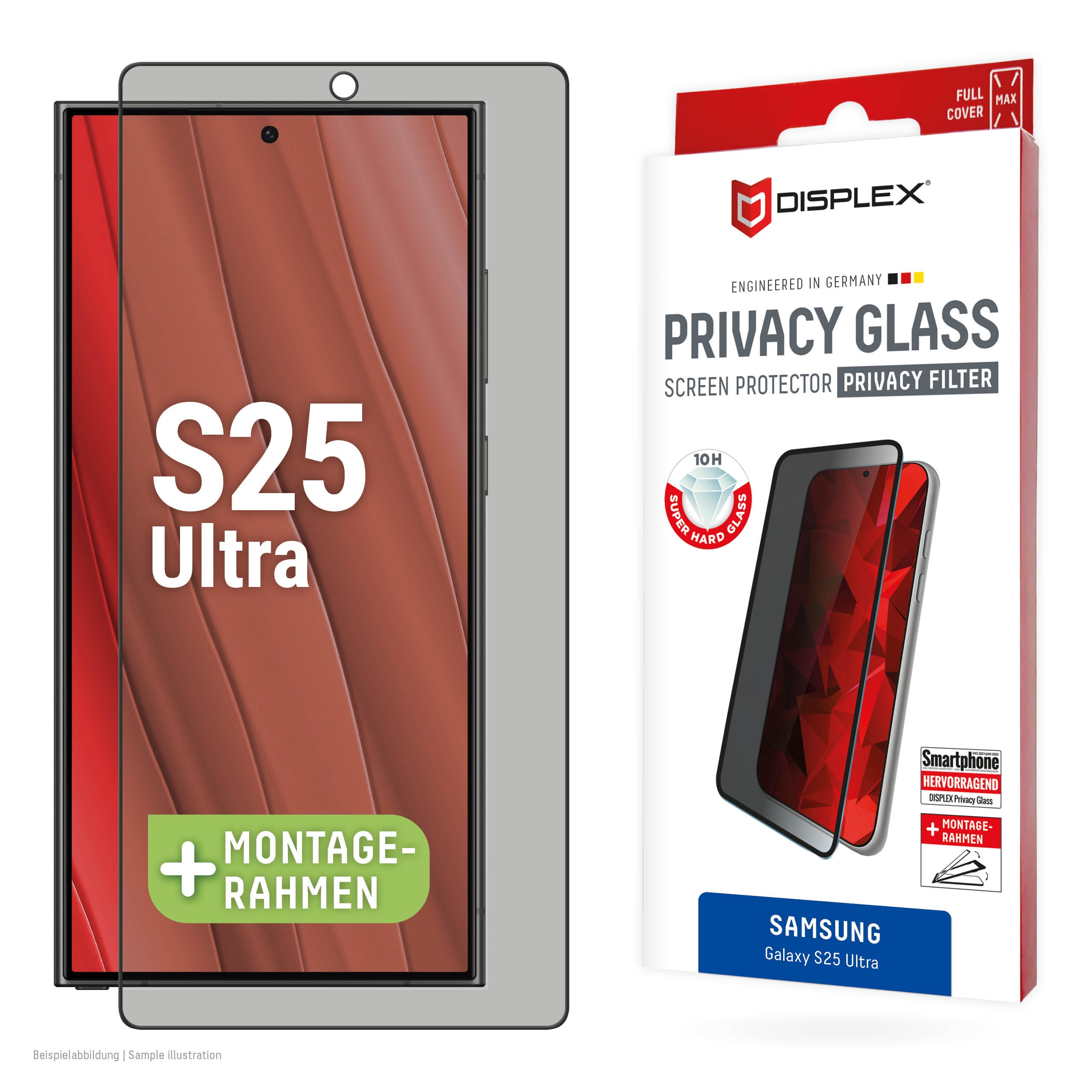 Displex Privacy-Filter (Panzerglas), Full Cover – für Galaxy S25 Ultra – mit Applikator