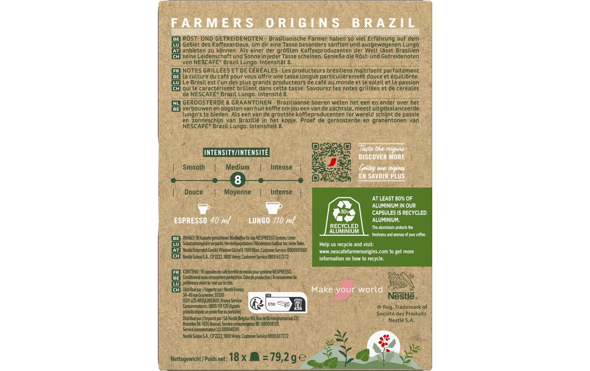 Nescafé Farmers Origins Brazil – Kapseln für Nespresso – Lungo, Intensität 8, 18 Kapseln