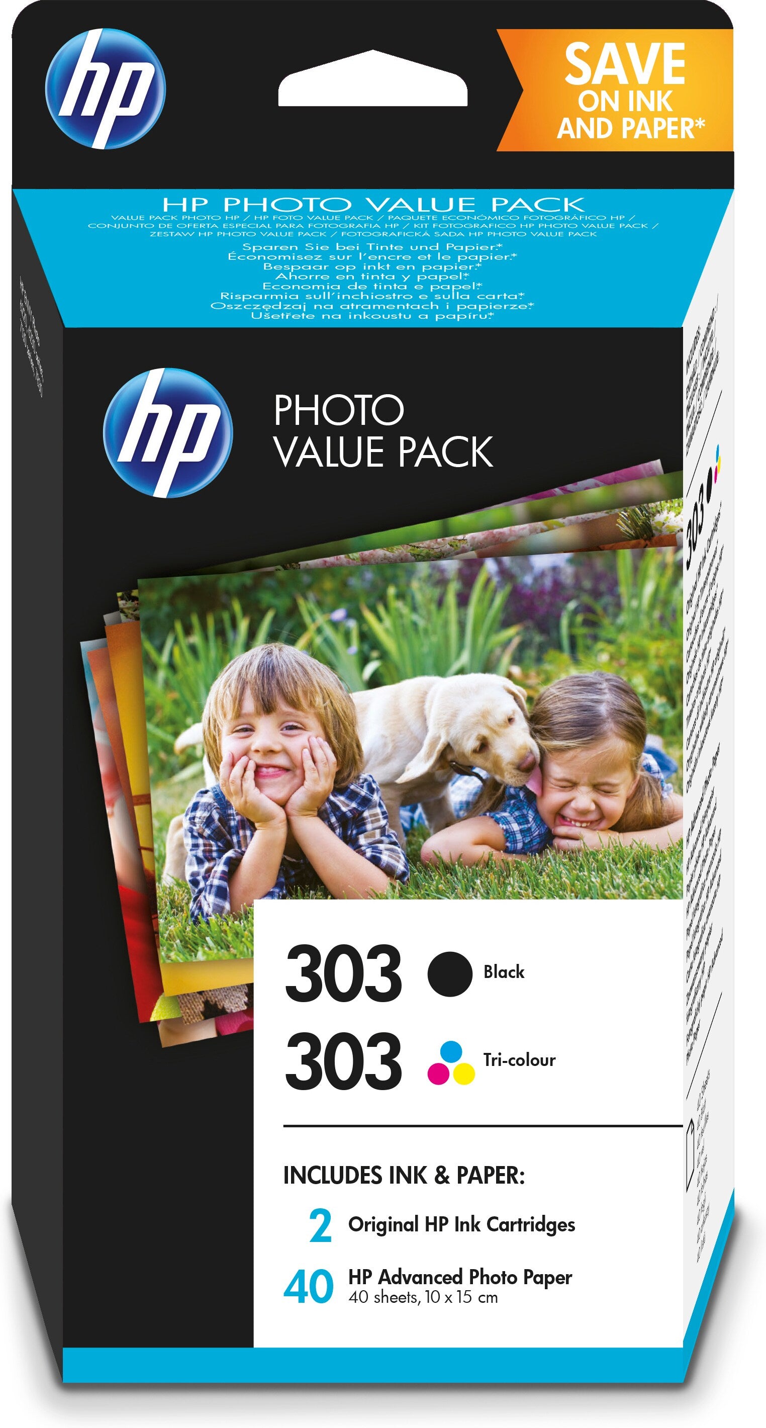 HP Tintenpatronen-Multipack 303 Photo Cube, 2er-Pack, mit Fotopapier 3,9" × 5,9" (40 Blatt) – für Inkjetdrucke