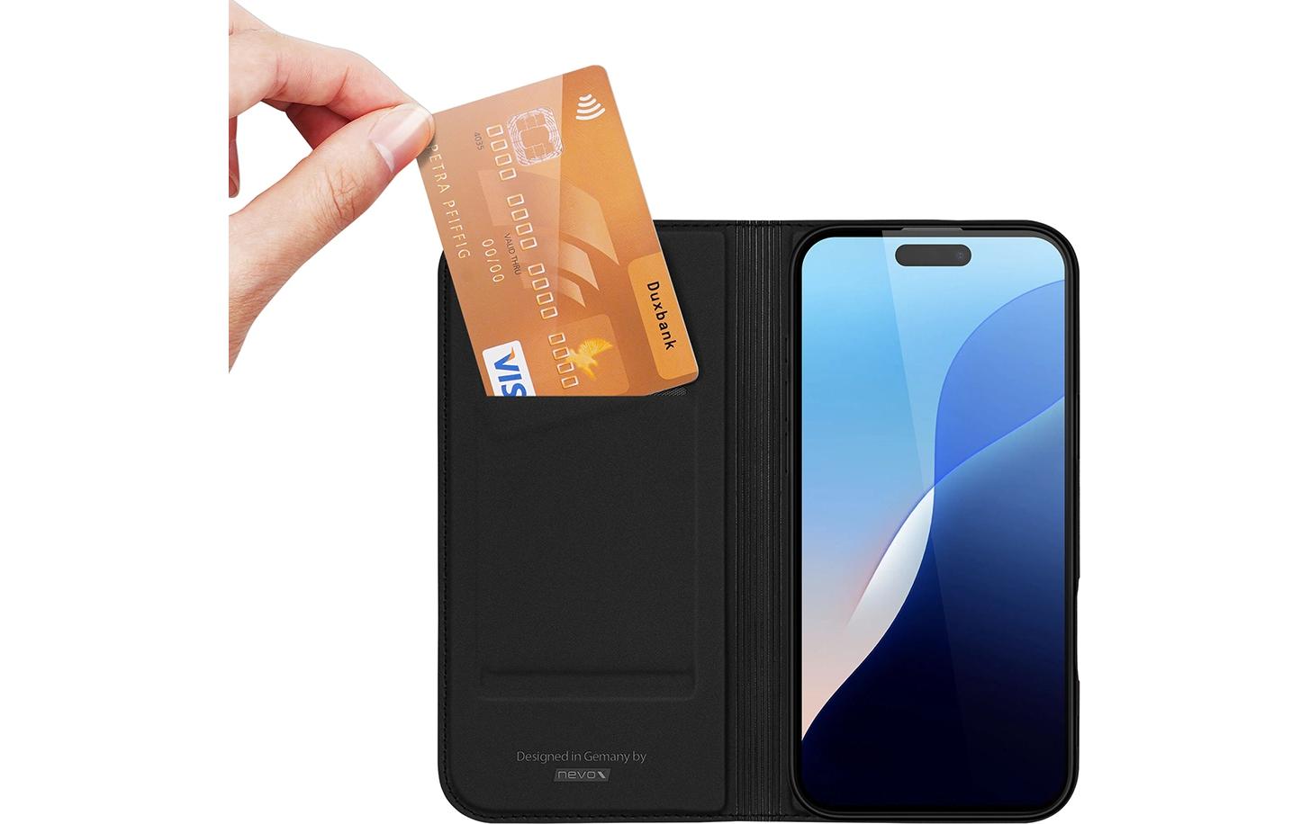 nevox Vario Series Wallethülle – für Apple iPhone 16 Pro, mit Ständer, 1 Kartenfach, PU+TPU, Schwarz