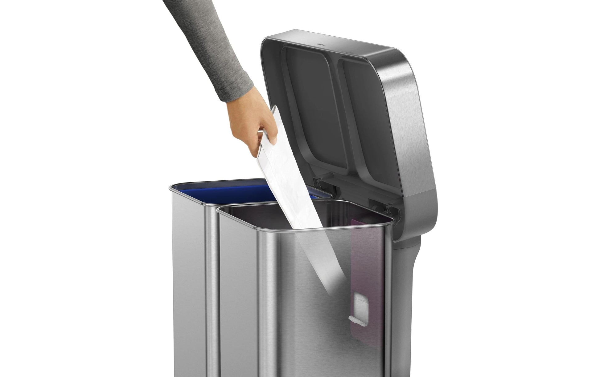 simplehuman Systempapierkorb Doppelkammer – 58 l – Edelstahl – B × H × T 559 × 655 × 361 mm