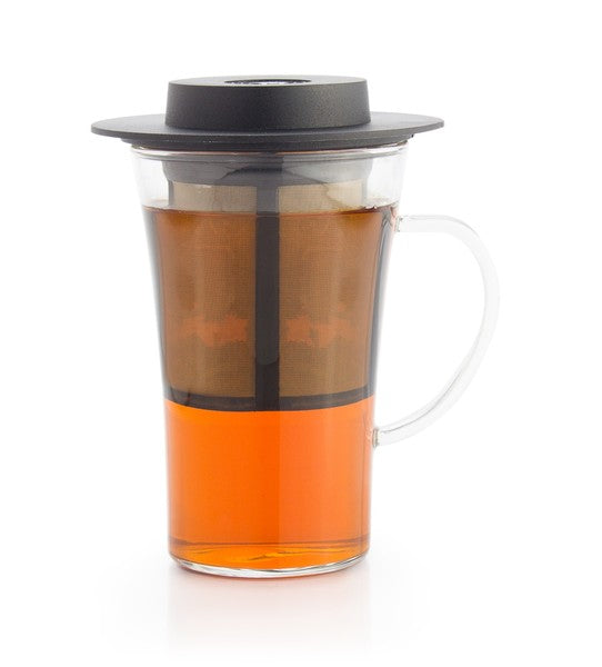 Finum Teetasse – 280 ml, 8 × 8 × 12 cm, Borosilikatglas, Schwarz/Transparent, mit Deckel, spülmaschinenfest