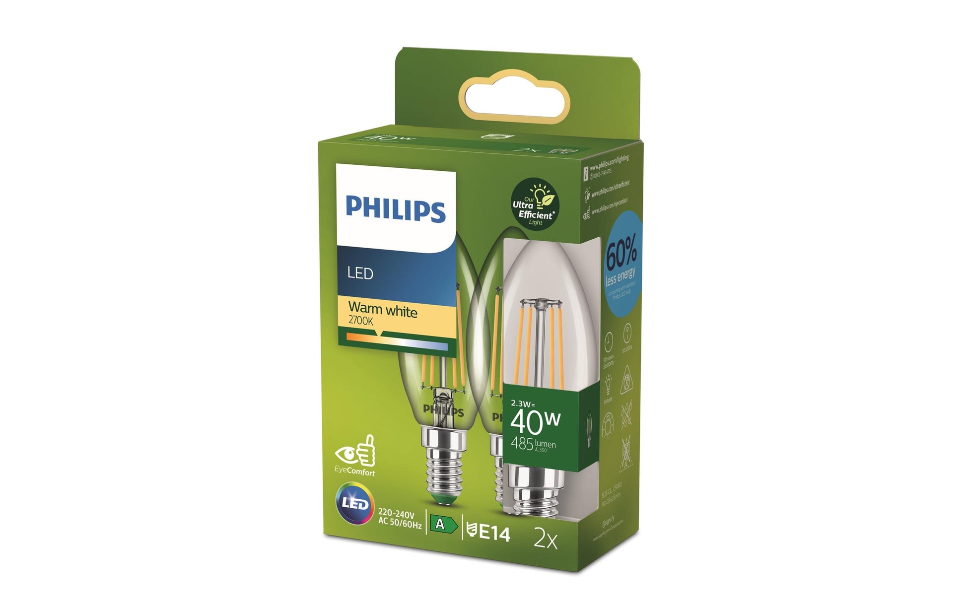 Philips LED-Leuchtmittel E14 B35 (Kerze) – Warmweiss 2700 K, 485 lm, 2,3 W – Klar/Glas – 1 Stk.