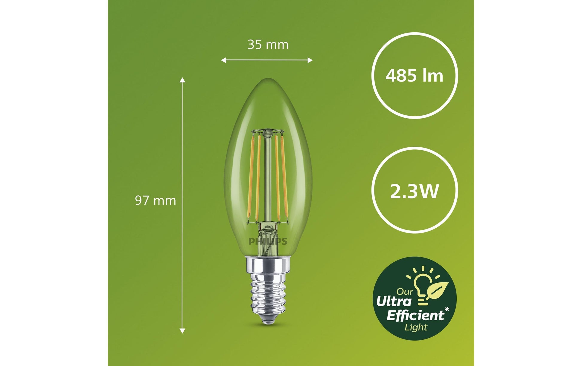 Philips LED-Leuchtmittel E14 Kerze – Warmweiss 2700 K, 485 lm, 2,3 W – 1 Stk. – Klar