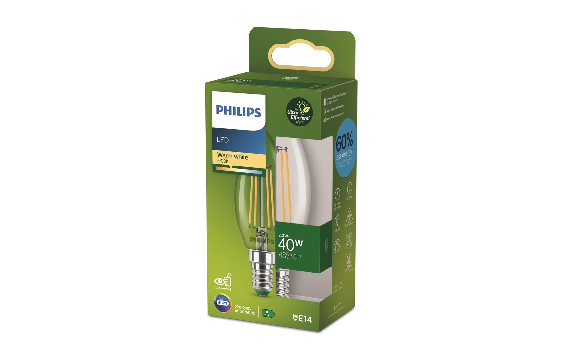 Philips LED-Leuchtmittel E14 Kerze – Warmweiss 2700 K, 485 lm, 2,3 W – 1 Stk. – Klar
