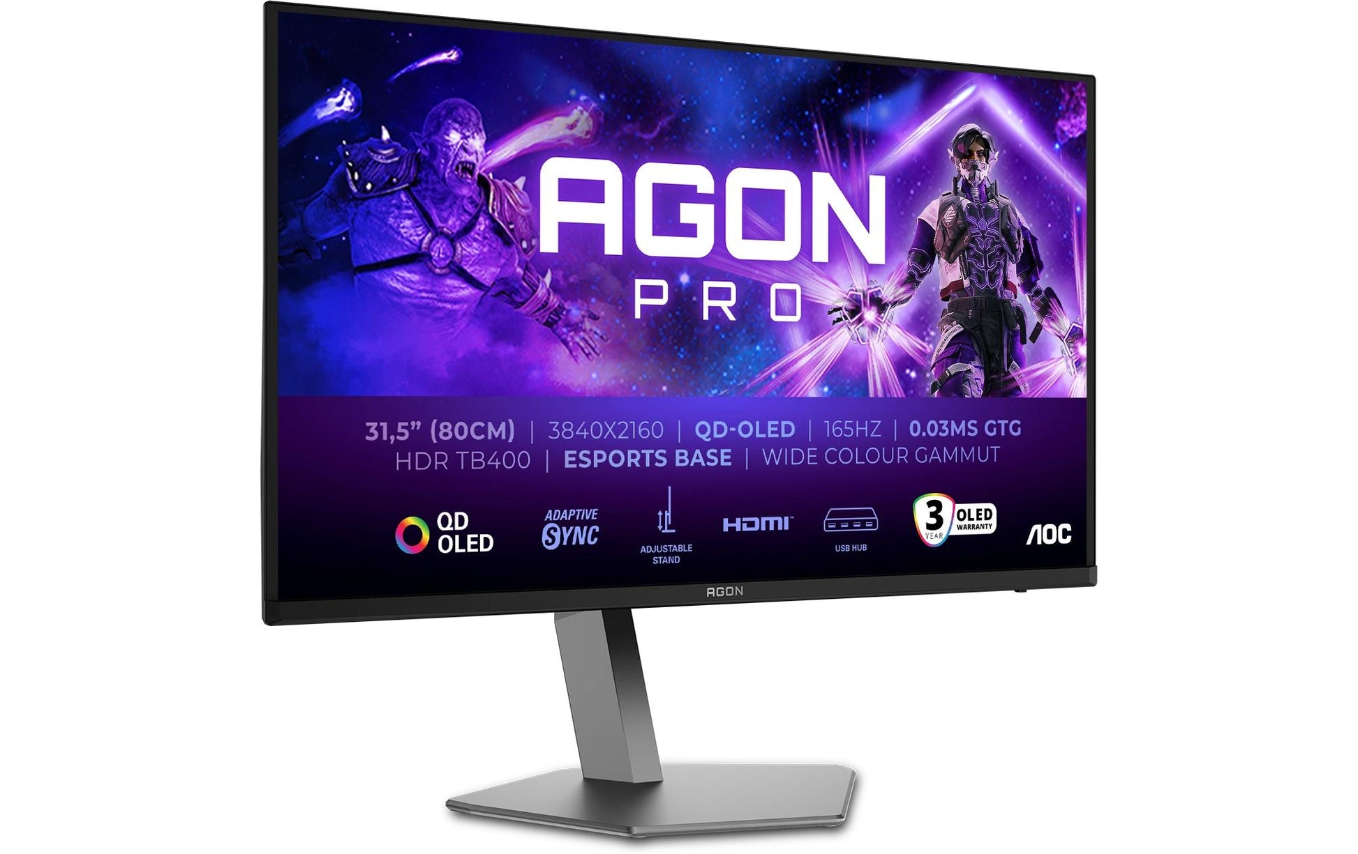 AOC AG326UD – Monitor, 31,5", OLED, 165 Hz, 250 cd/m², USB-Hub, Lautsprecher, VESA 100 × 100, Schwarz