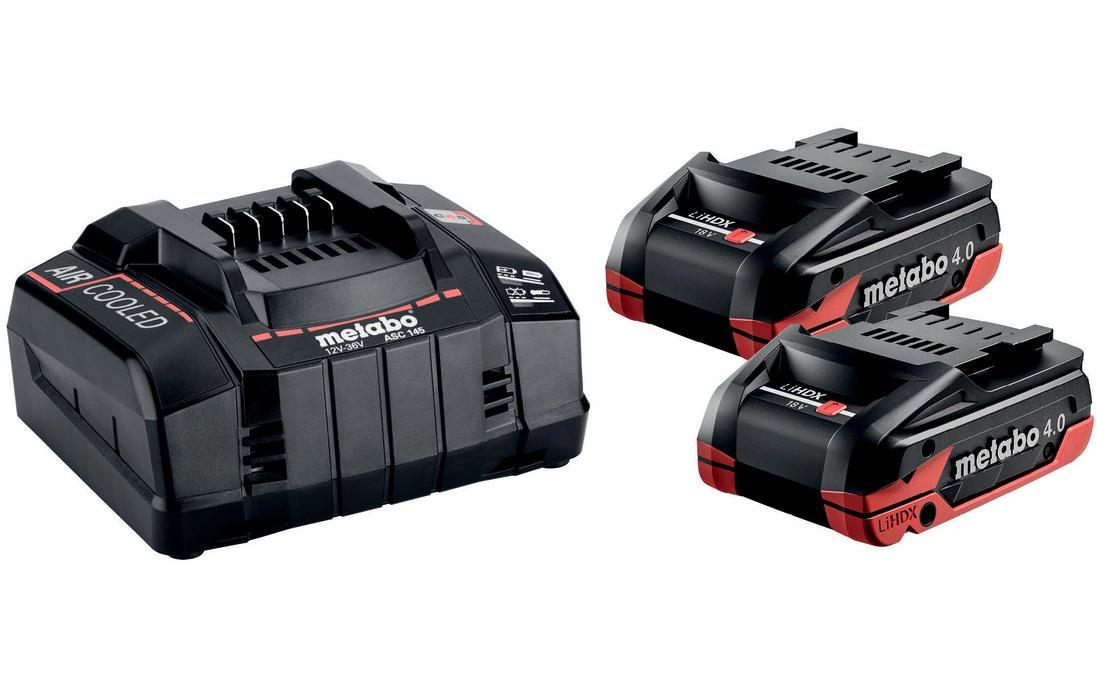 Metabo Akku- & Ladegerät-Set 18 V 4,0 Ah (72 Wh) – 2 Akkus, 1 Ladegerät – LiHD – für CAS, Metabo