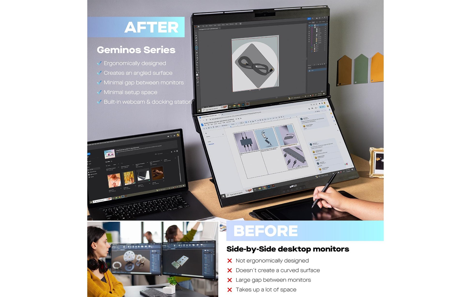 Mobile Pixels Geminos T 24 – Monitor, 24", 60 Hz, 250 cd/m², Webcam, Lautsprecher, 2× USB-C, 2× HDMI, Schwarz