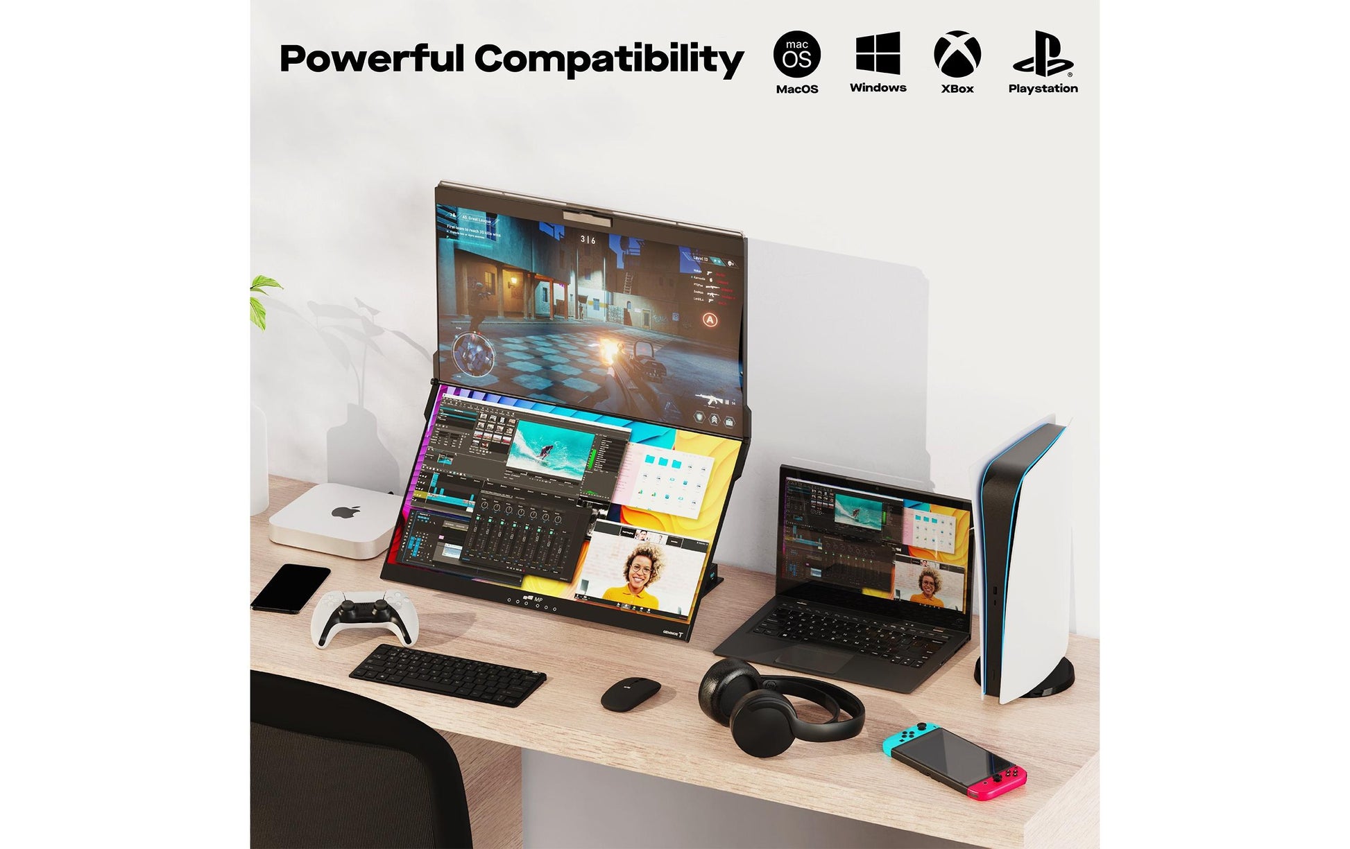 Mobile Pixels Geminos T 24 – Monitor, 24", 60 Hz, 250 cd/m², Webcam, Lautsprecher, 2× USB-C, 2× HDMI, Schwarz