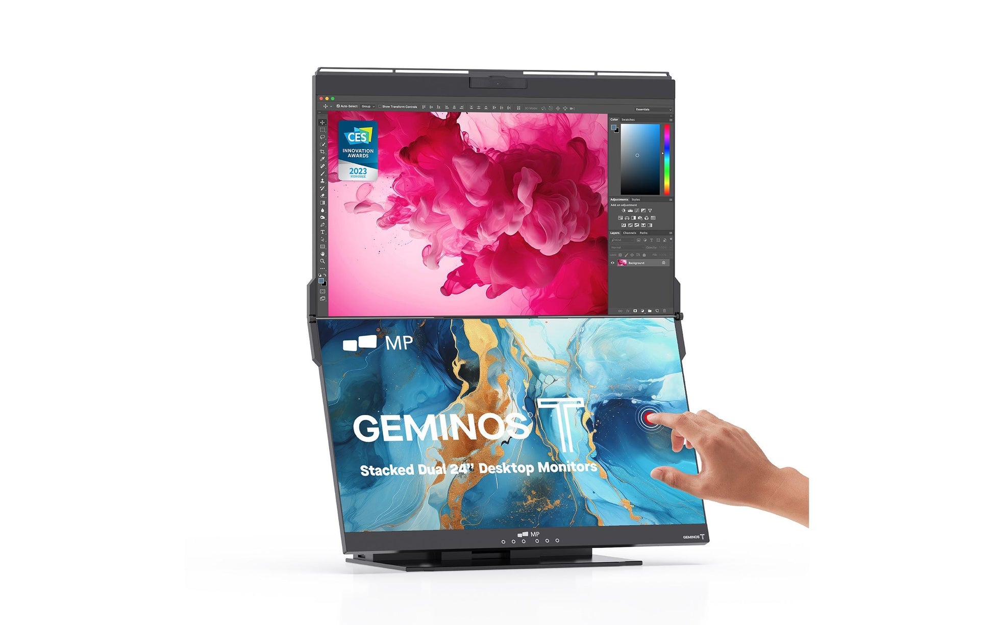 Mobile Pixels Geminos T 24 – Monitor, 24", 60 Hz, 250 cd/m², Webcam, Lautsprecher, 2× USB-C, 2× HDMI, Schwarz
