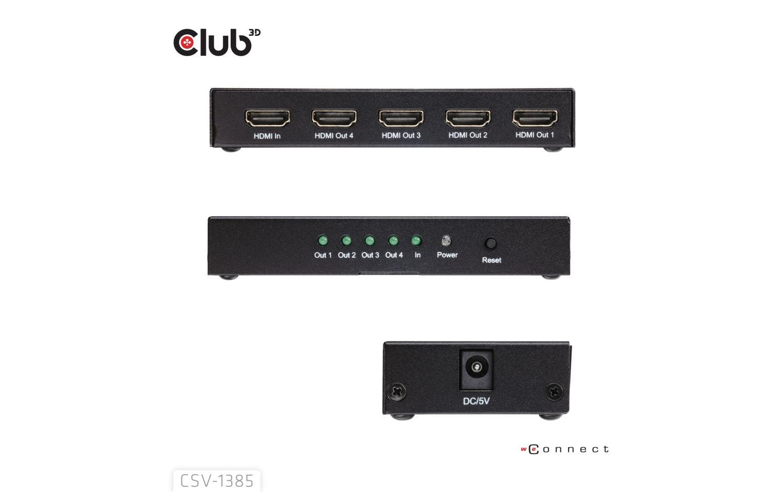 CLUB3D HDMI Splitter 1 zu 4 – 4× HDMI, 4K (3840 × 2160) – Passiv, HDCP 1.4/2.2 – Schwarz