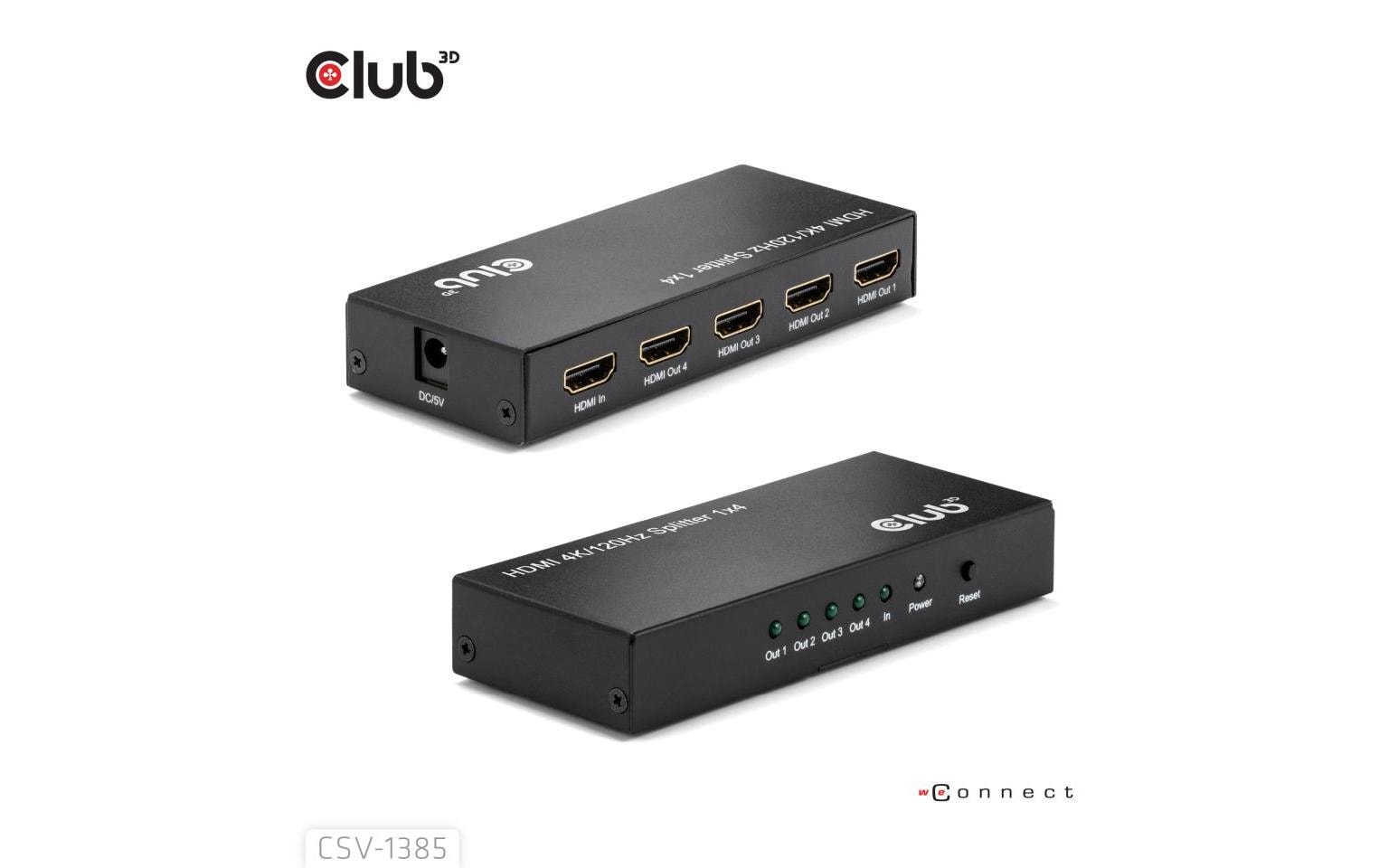 CLUB3D HDMI Splitter 1 zu 4 – 4× HDMI, 4K (3840 × 2160) – Passiv, HDCP 1.4/2.2 – Schwarz