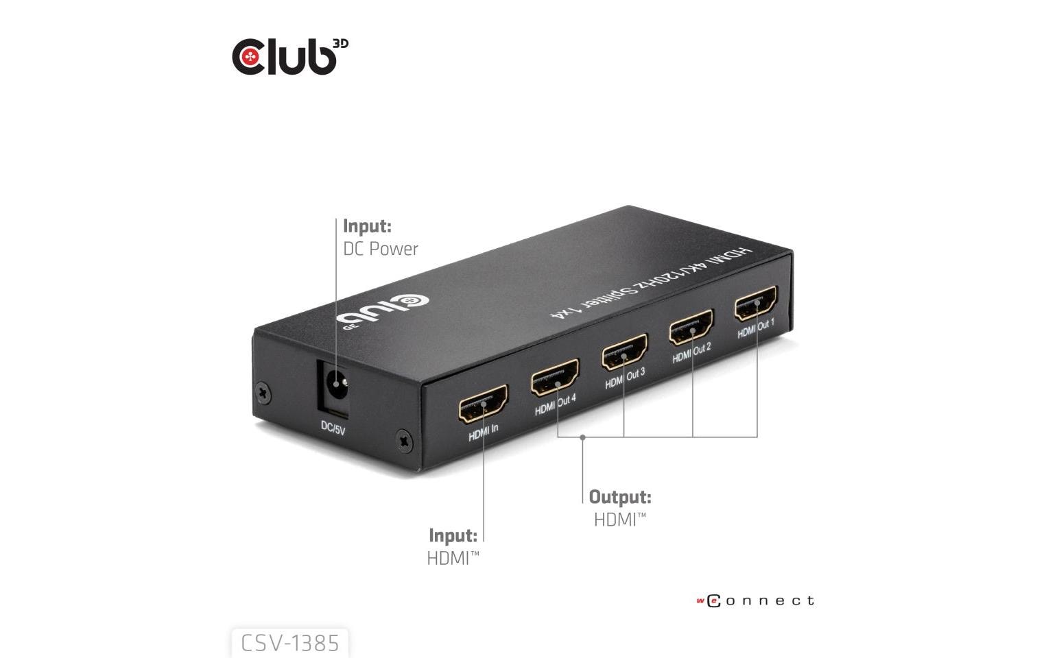 CLUB3D HDMI Splitter 1 zu 4 – 4× HDMI, 4K (3840 × 2160) – Passiv, HDCP 1.4/2.2 – Schwarz
