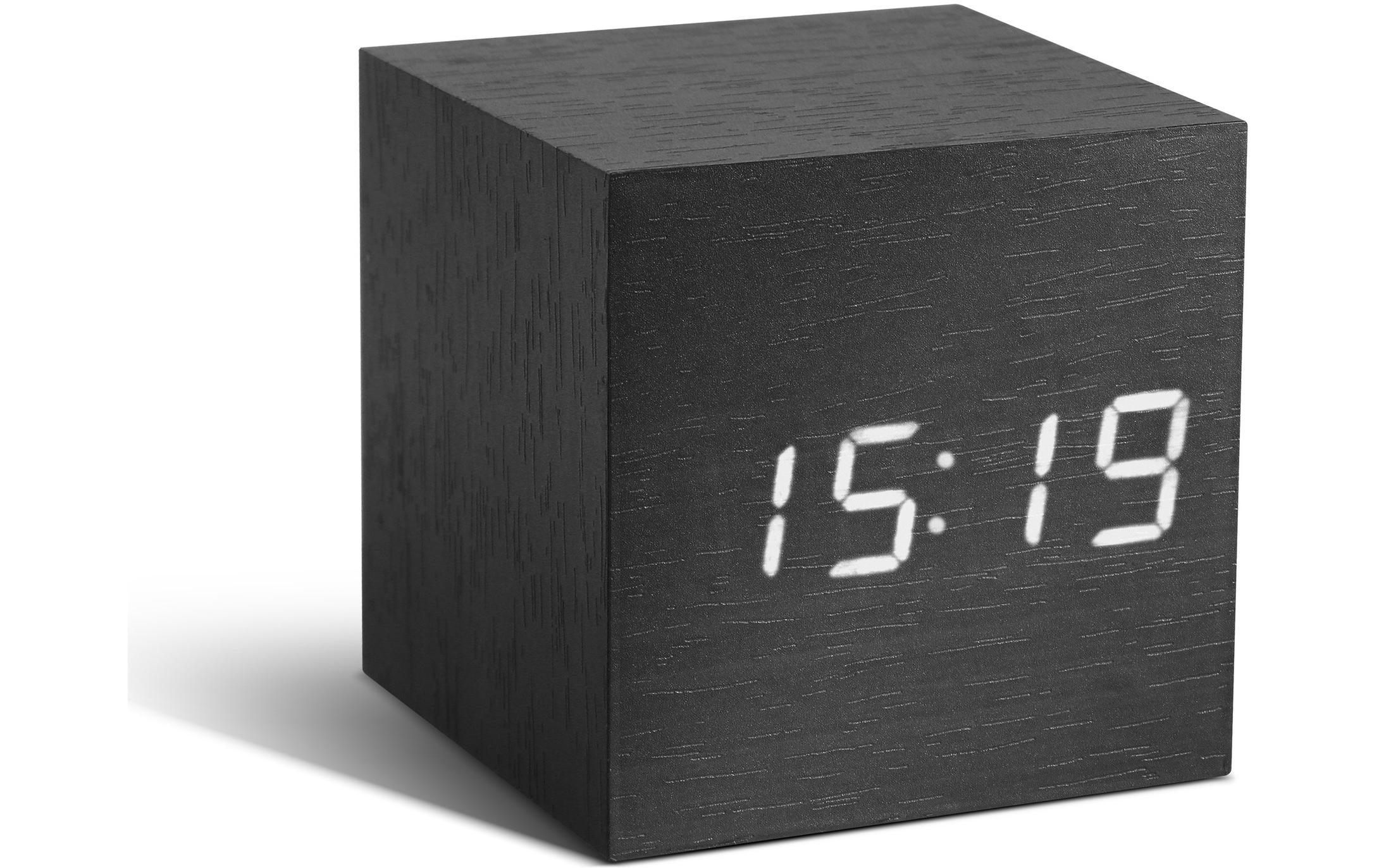 Gingko Wecker Cube – digital – 6,8 × 6,8 × 6,8 cm, grau, Holz, Datum