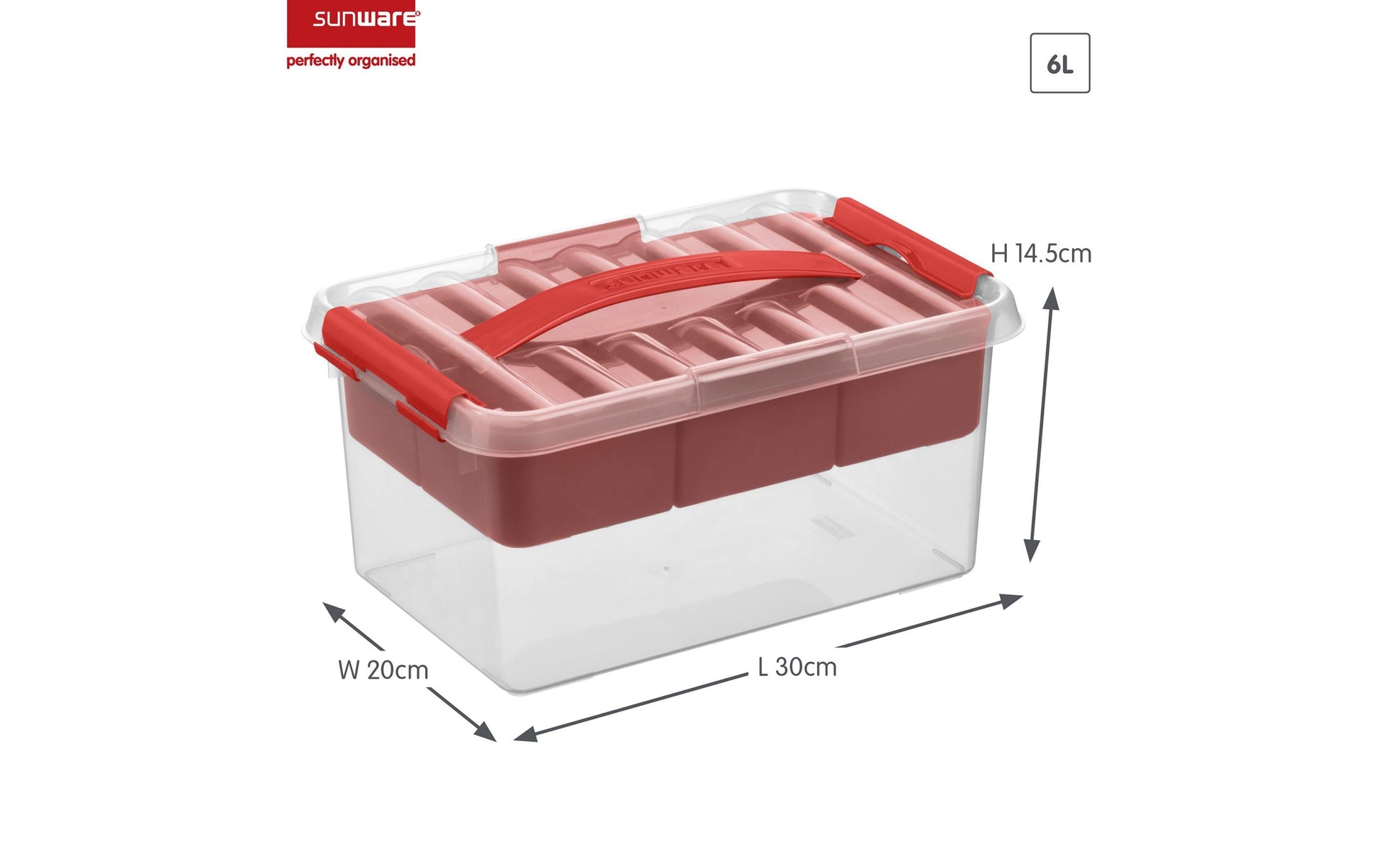 Sigma home Q-Line Aufbewahrungsbox 6 l (mit Deckel) – Kunststoff – Rot/Transparent – 300 × 200 × 145 mm