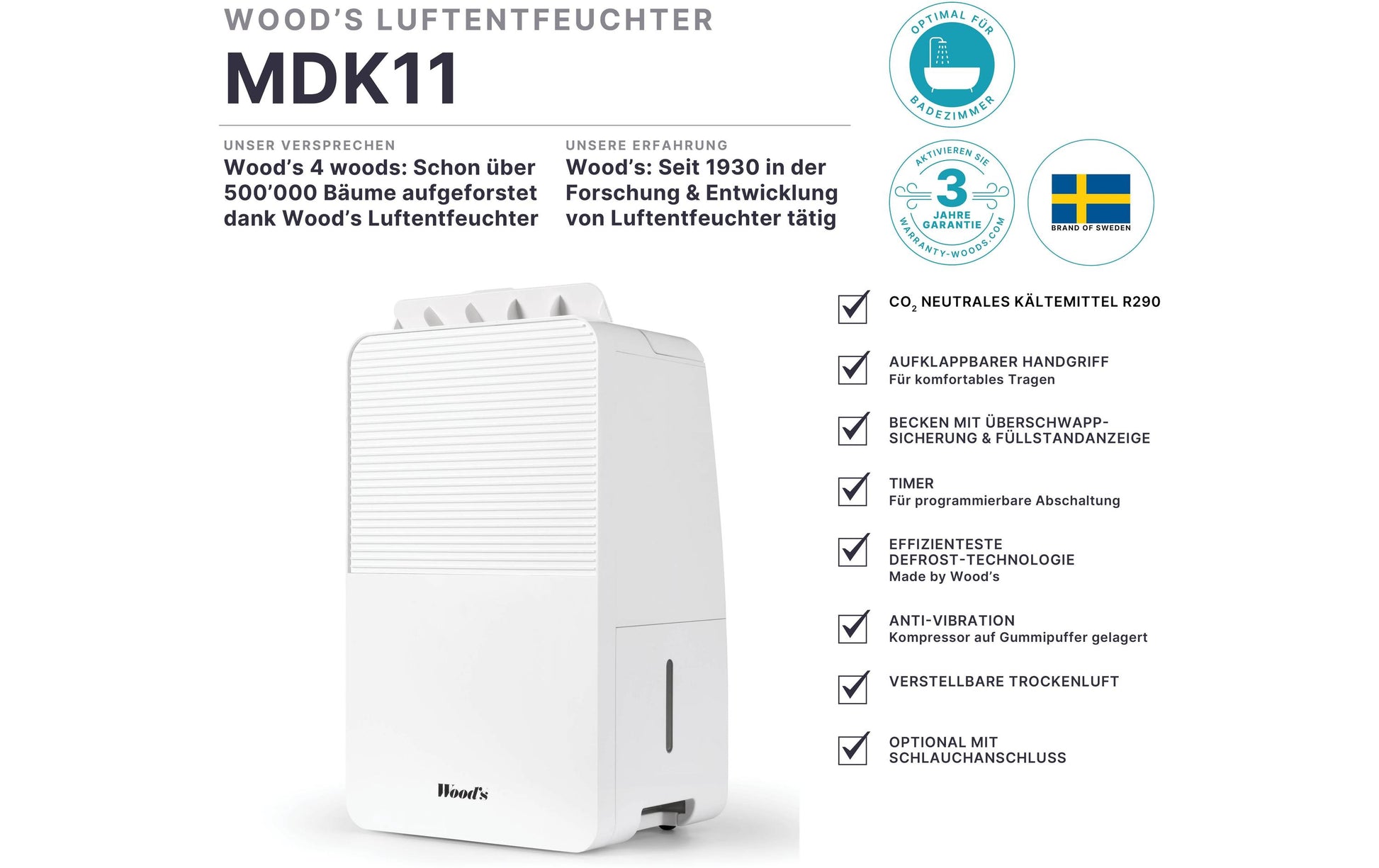 Wood's Luftentfeuchter MDK11 Version 2.0 – 5 L/24 h, bis 60 m², Tank 2 L, 44 dB