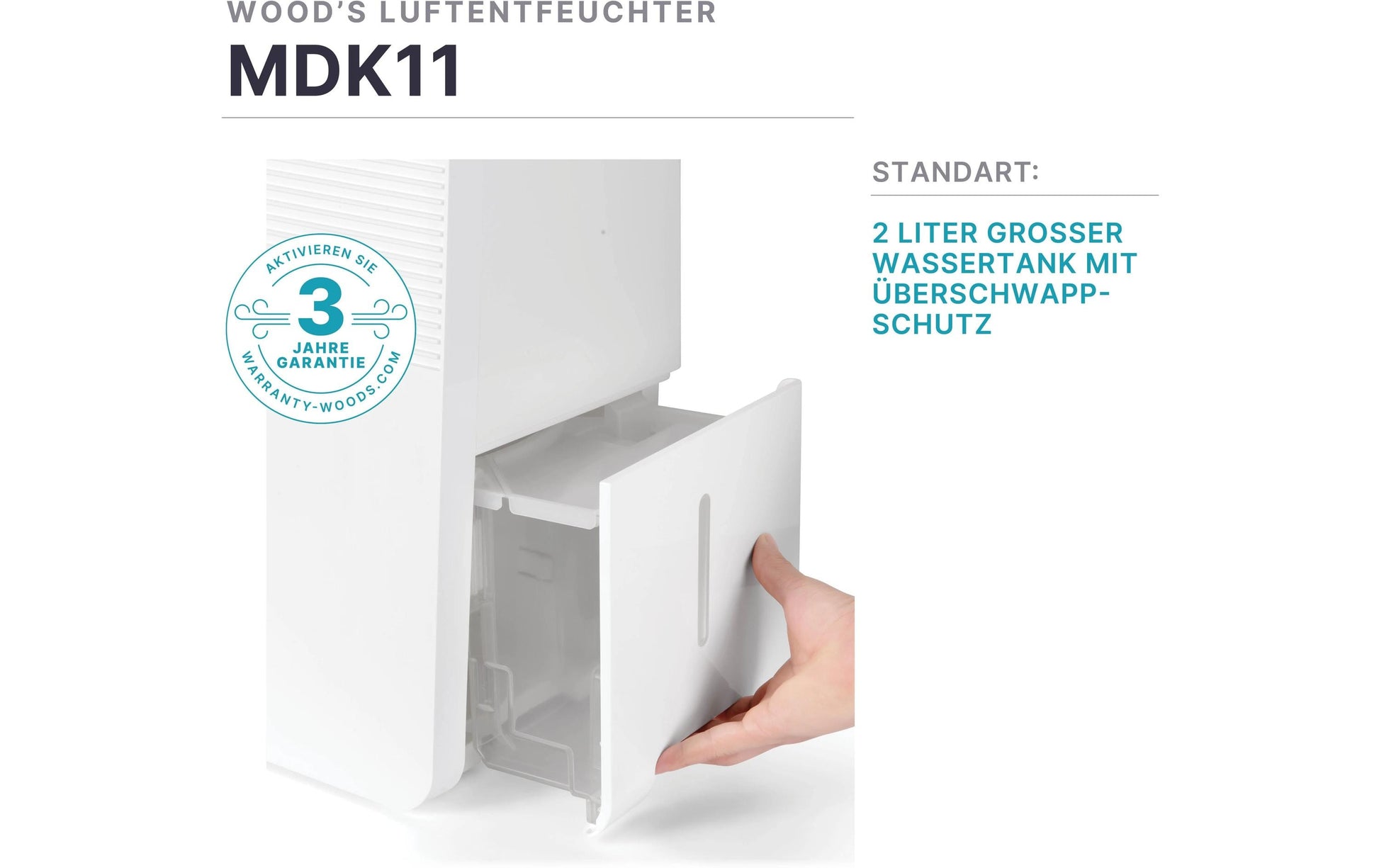 Wood's Luftentfeuchter MDK11 Version 2.0 – 5 L/24 h, bis 60 m², Tank 2 L, 44 dB