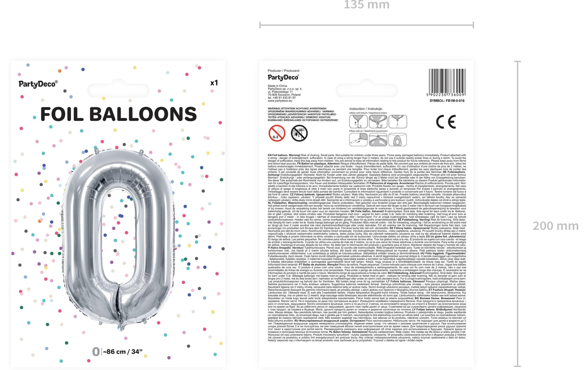 PartyDeco Folienballon Zahl 0 – Silber – 86 cm – 1 Stk