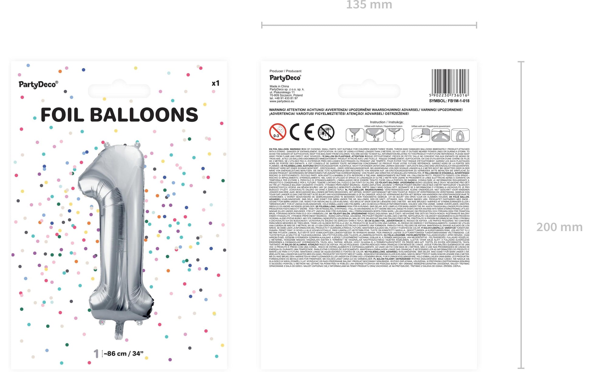 PartyDeco Folienballon Zahl 1 – Silber – 86 cm – Folie – 1 Stk