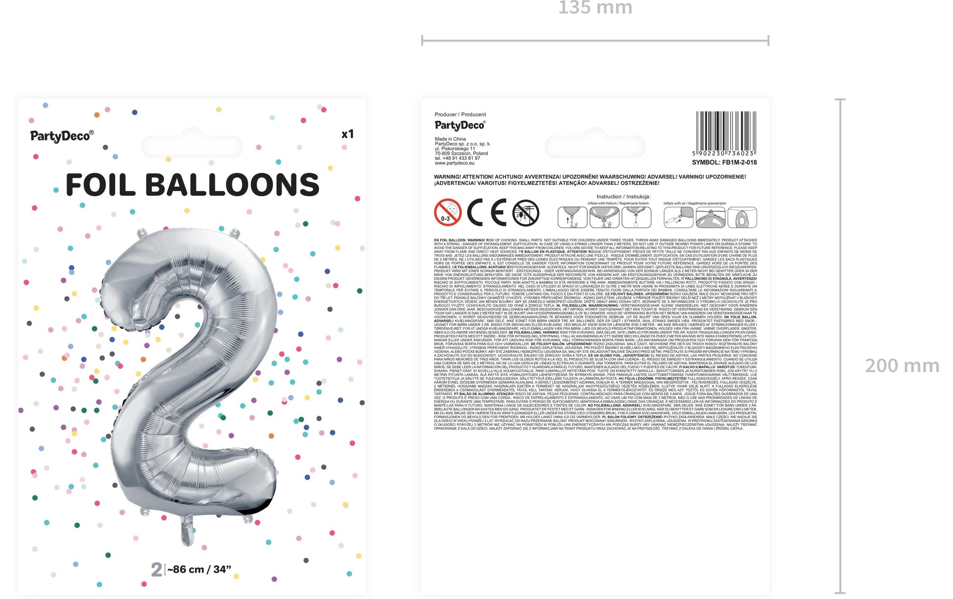 PartyDeco Folienballon Zahl 2 – Silber – 86 cm – Folie – 1 Stück