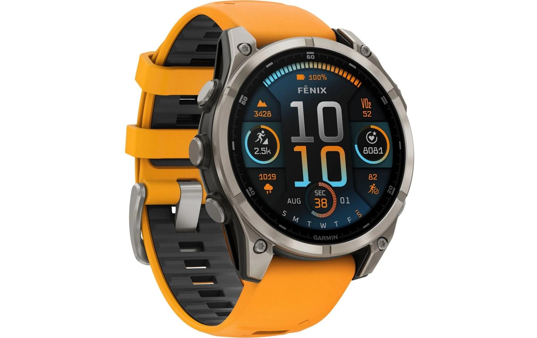 Garmin Fenix 8 – Smartwatch – 47 mm, 1,4" AMOLED, GPS, Saphirglas, 100 m, Silber, Orange Sportarmband