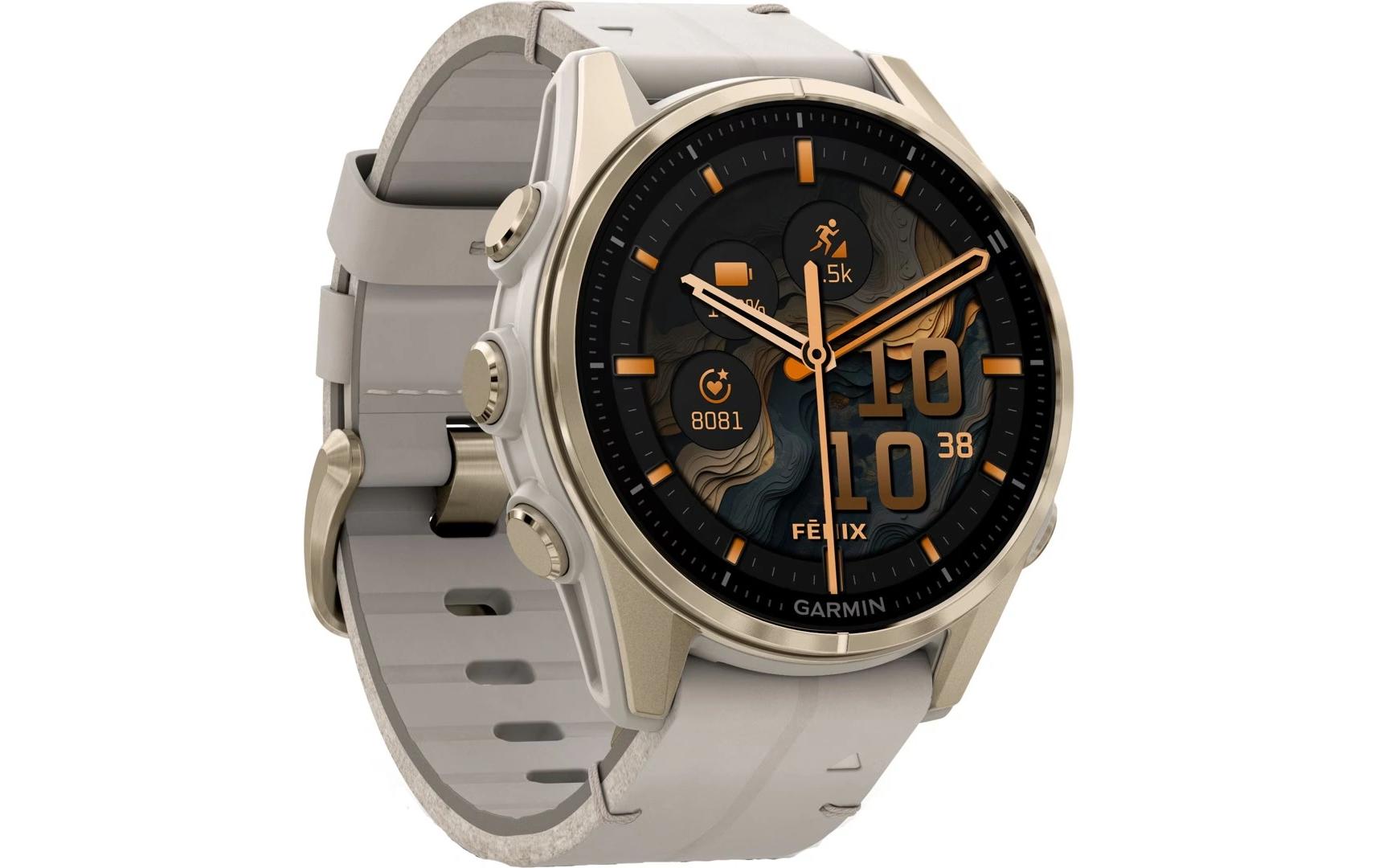 Garmin Fenix 8 AMOLED Sapphire – GPS-Smartwatch – 43 mm, 1,3", GPS, 10 ATM, Gold, Hellgrau