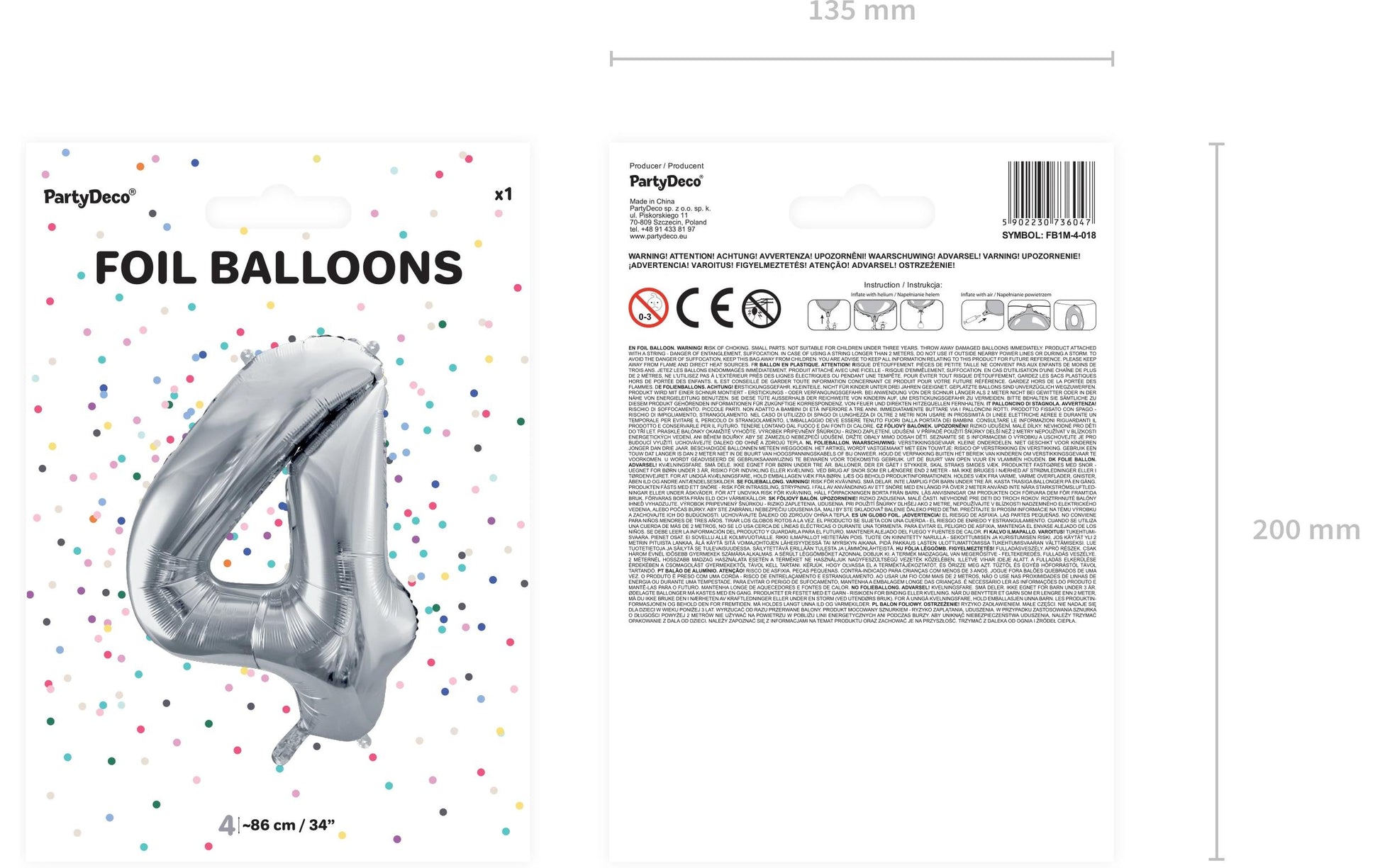 PartyDeco Folienballon Zahl 4 – Silber – 86 cm – Folie – 1 Stk
