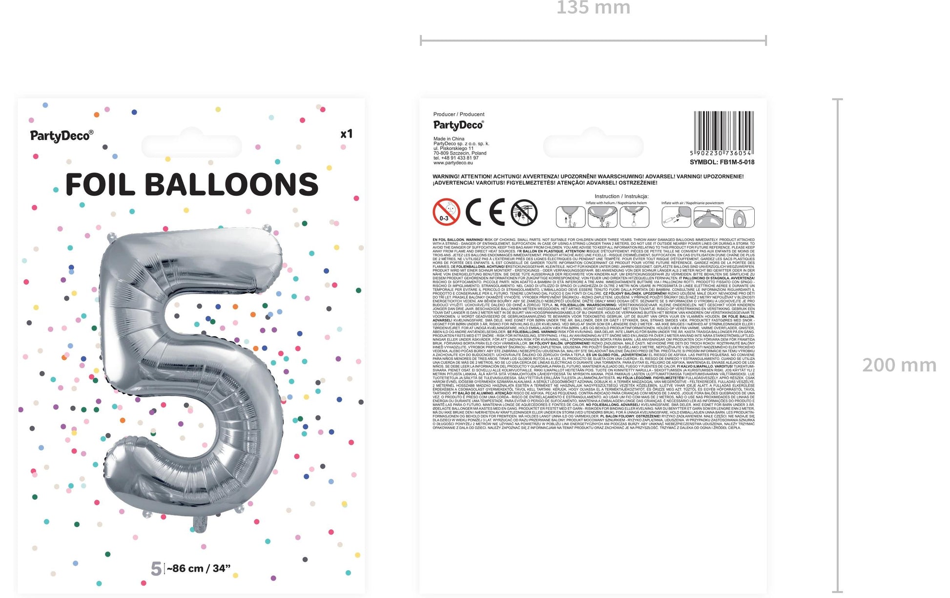 PartyDeco Folienballon Zahl 5 – Silber – 86 cm – 1 Stk