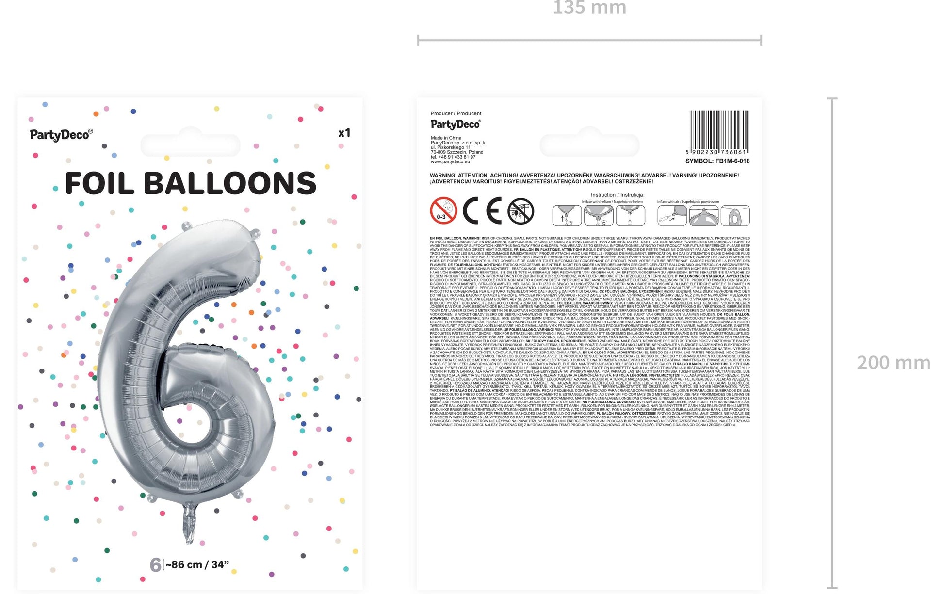 PartyDeco Folienballon Zahl 6 – Silber – 86 cm – Folie – 1 Stk
