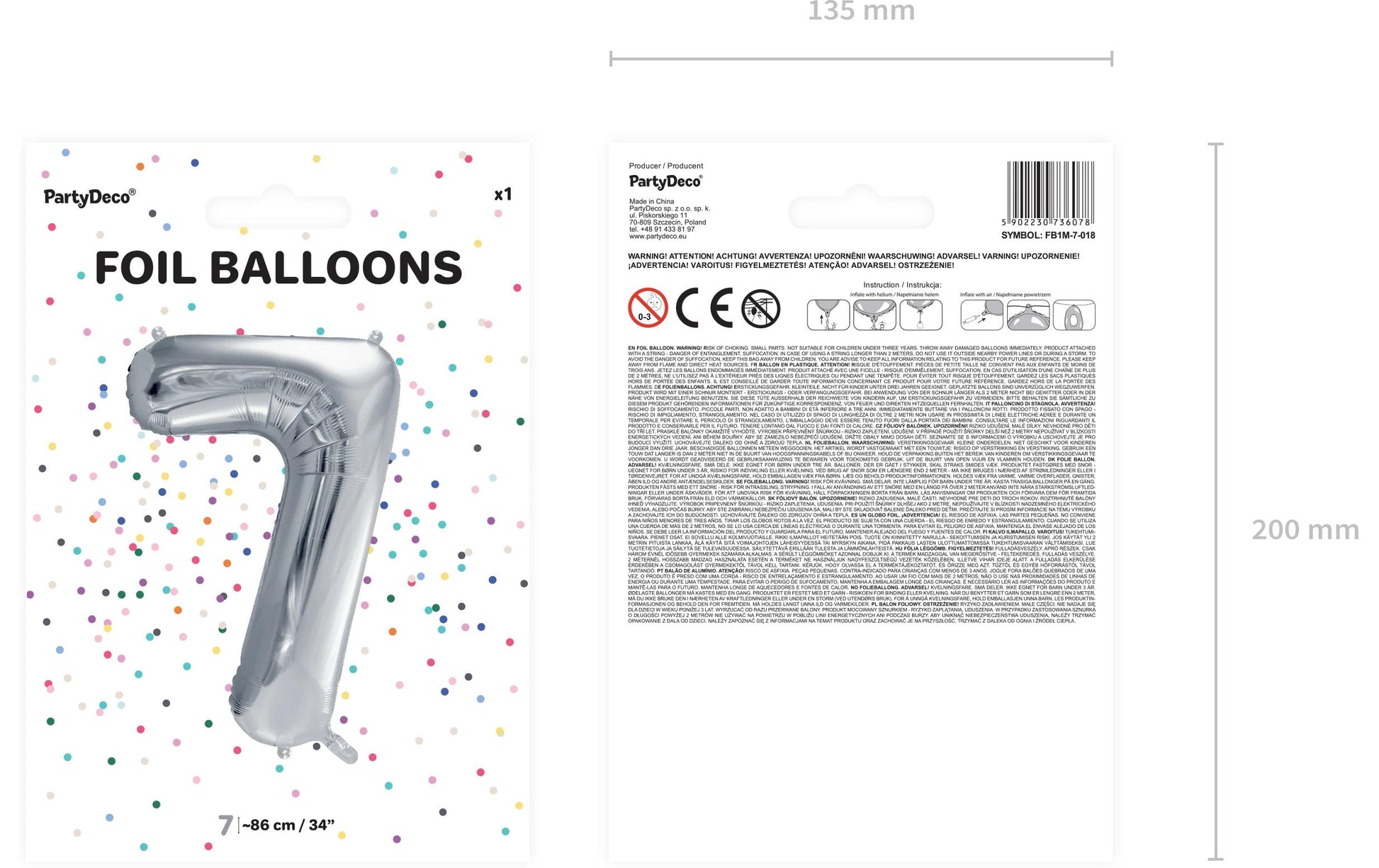 PartyDeco Folienballon Zahl 7 – Silber – 86 cm – Folie – 1 Stück