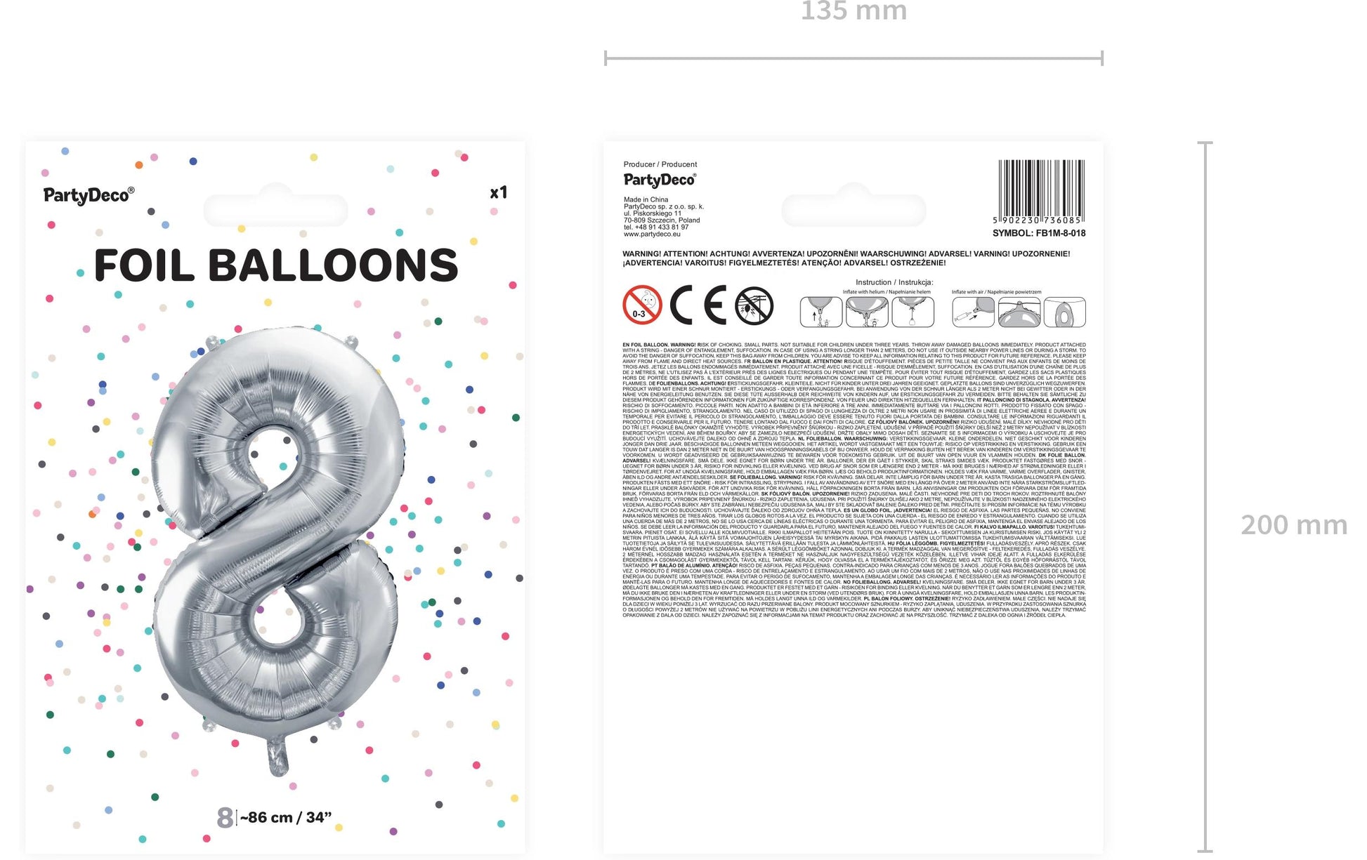 PartyDeco Folienballon Zahl 8 – Silber – 86 cm – Folie – 1 Stk