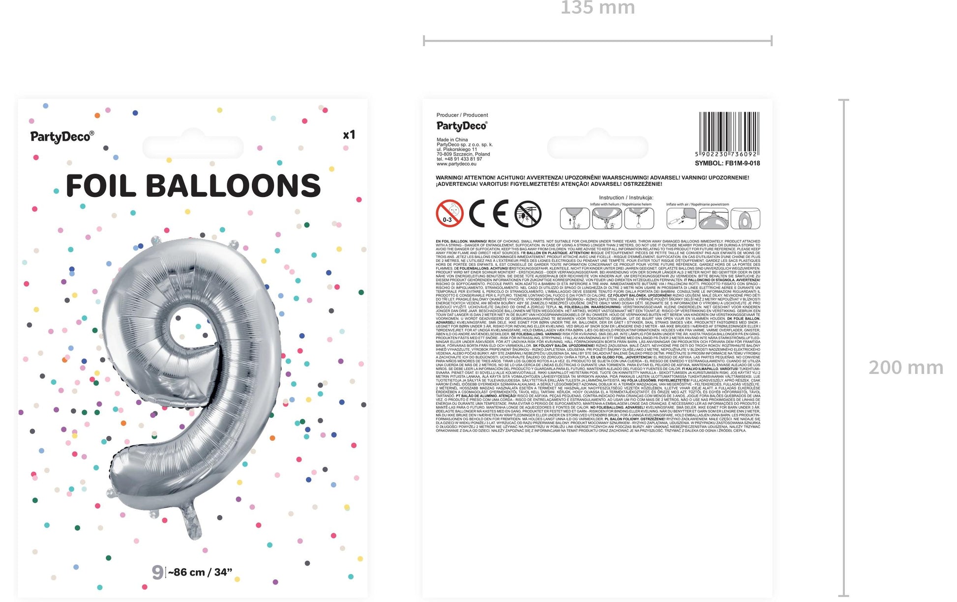 PartyDeco Folienballon Zahl 9 – Silber – 86 cm – Folie – 1 Stück
