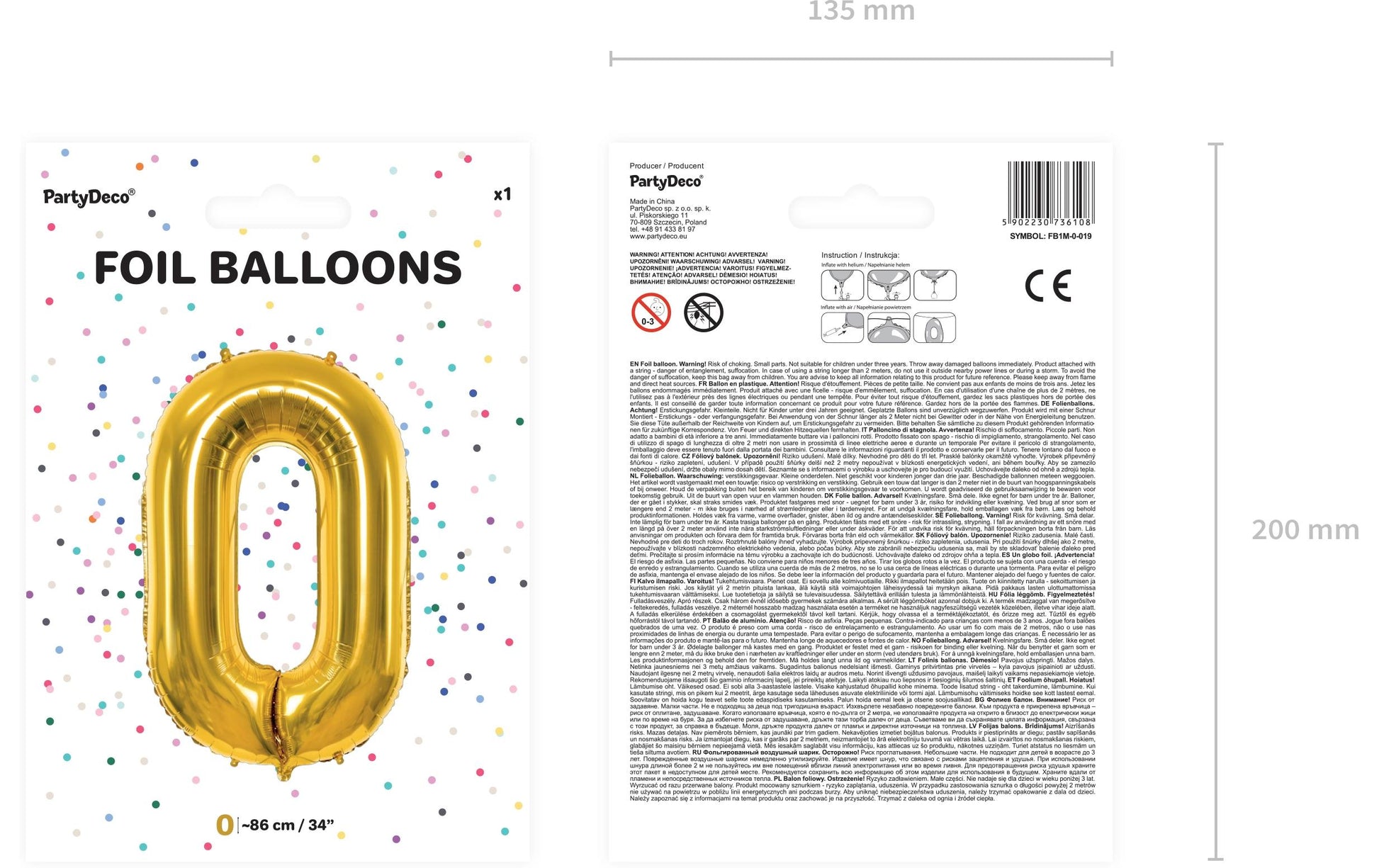 PartyDeco Folienballon Zahl 0 – Gold – 86 cm – Folie – 1 Stück – mit Helium befüllbar