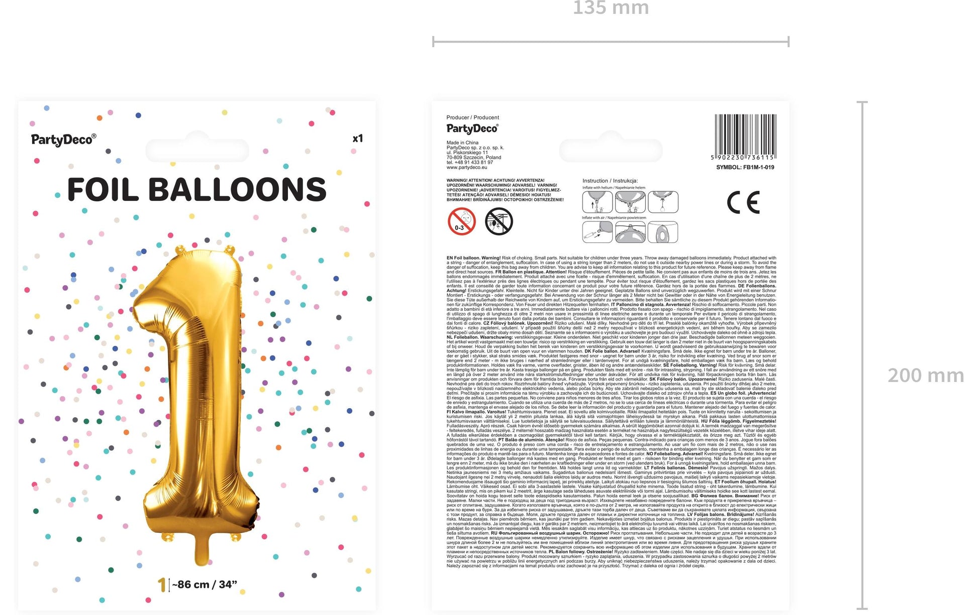 PartyDeco Folienballon Zahl 1 – Gold – 86 cm – Folie – 1 Stück