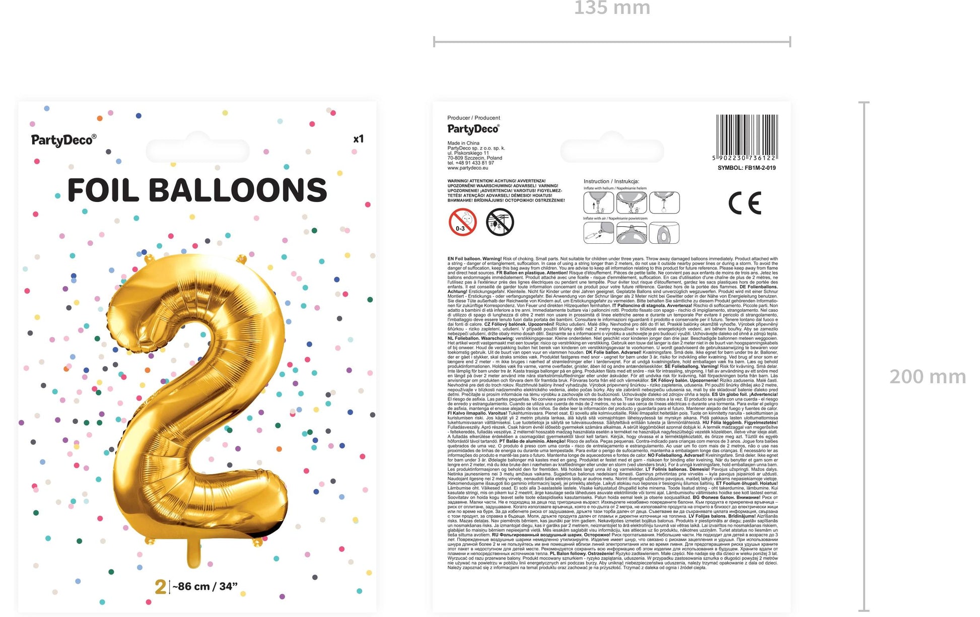 PartyDeco Folienballon Zahl 2 – Gold – 86 cm – Folie – 1 Stk