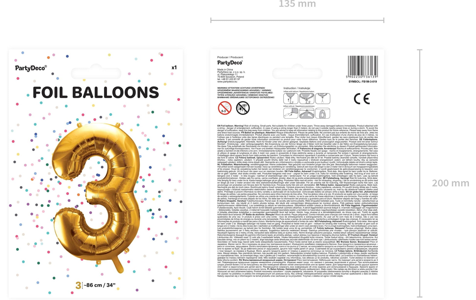 PartyDeco Folienballon Zahl 3 – Gold – 86 cm – Folie – 1 Stück