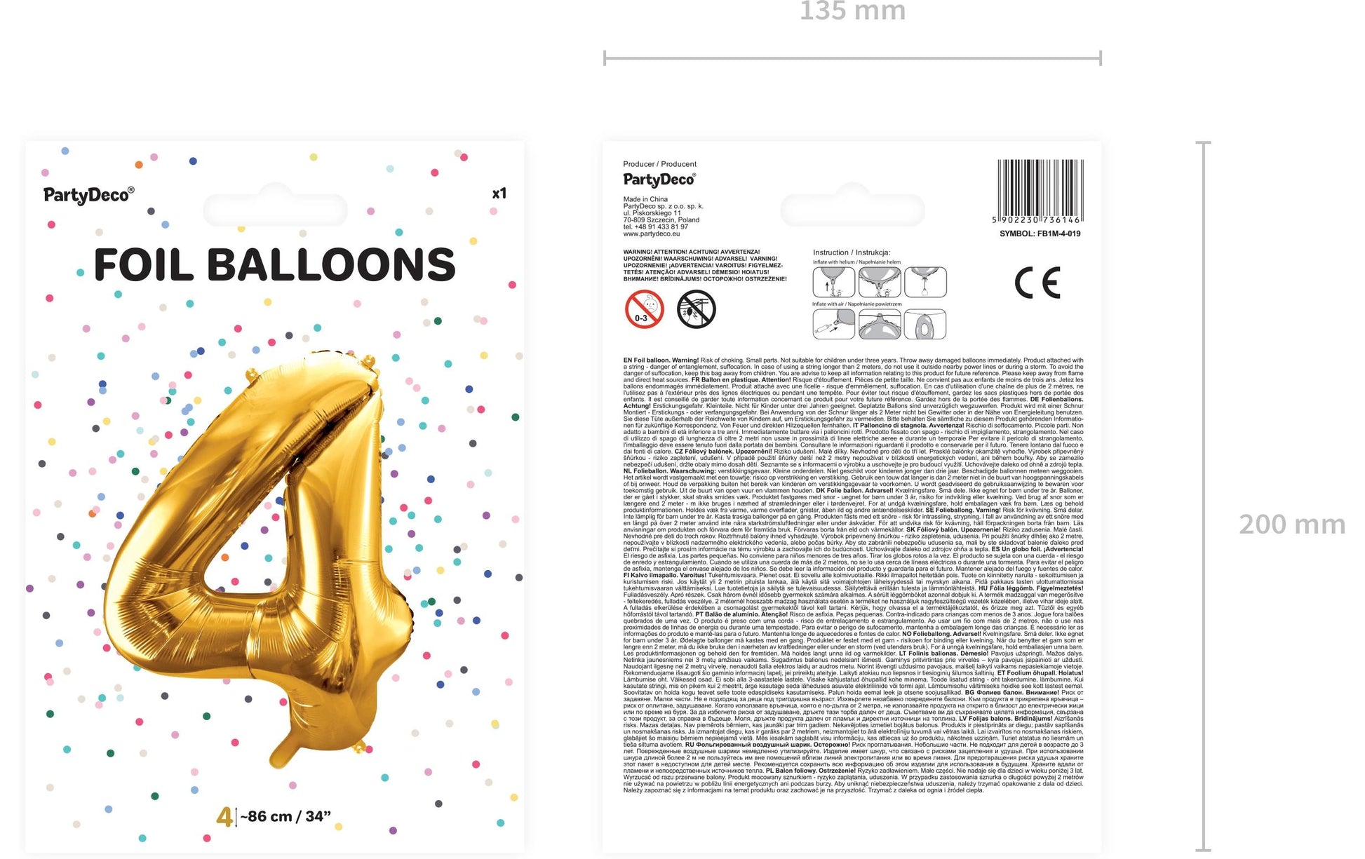 PartyDeco Folienballon Zahl 4 – Gold – 86 cm – Folie – 1 Stk