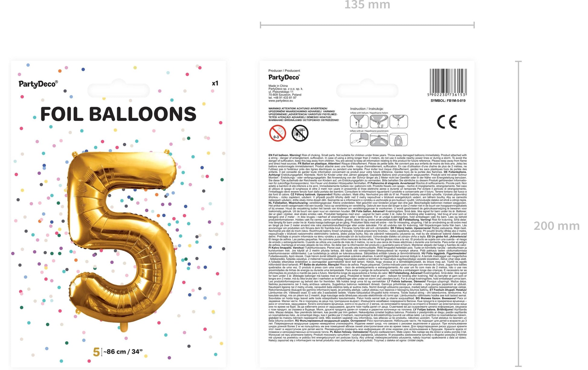 PartyDeco Folienballon Zahl 5 – Gold – 86 cm – Folie – 1 Stk